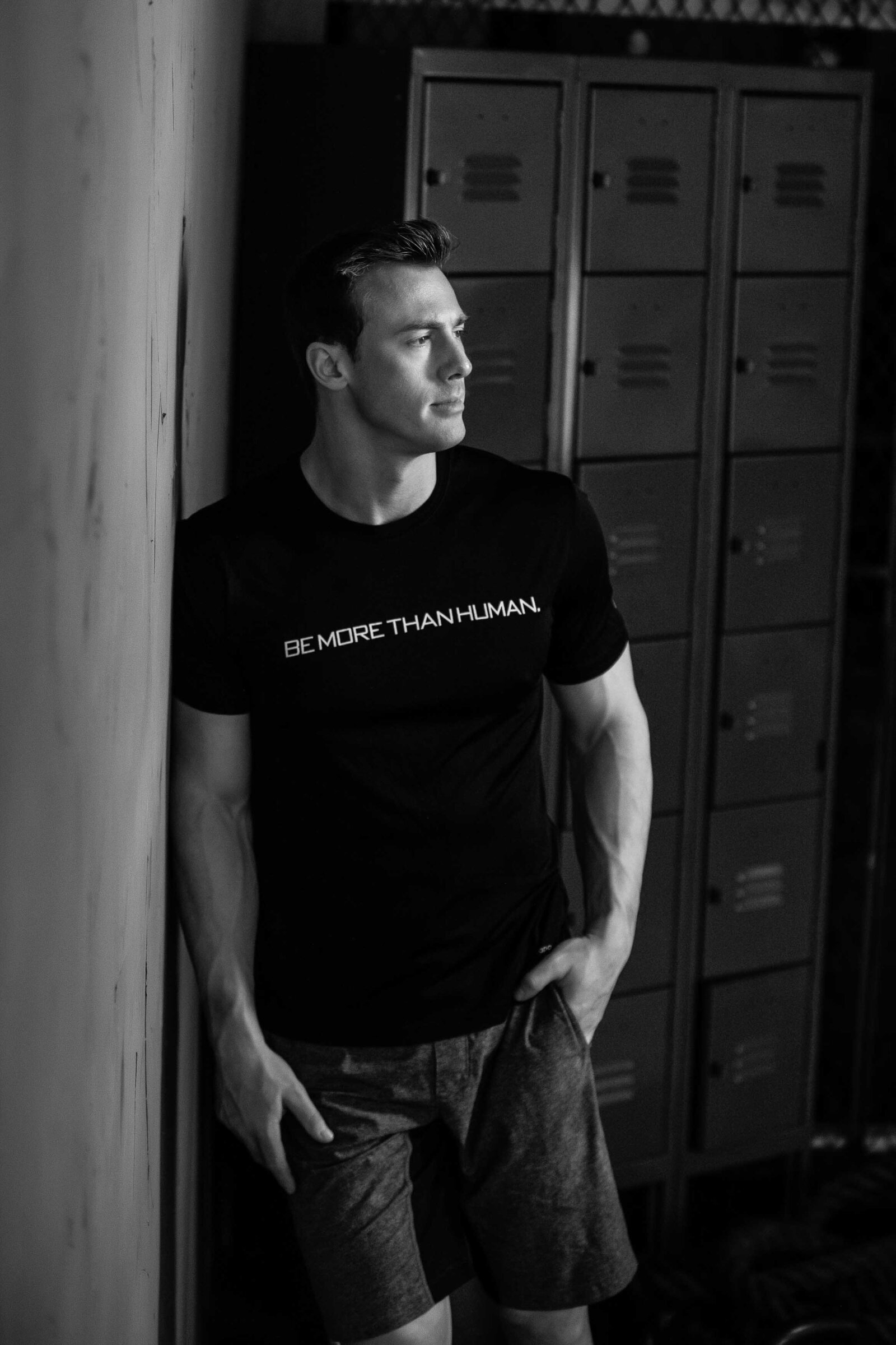 black and white photo of a man standing