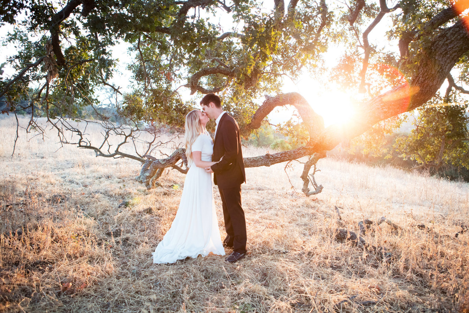 Bride and groom in beautiful backlit golden setting for engagement session
