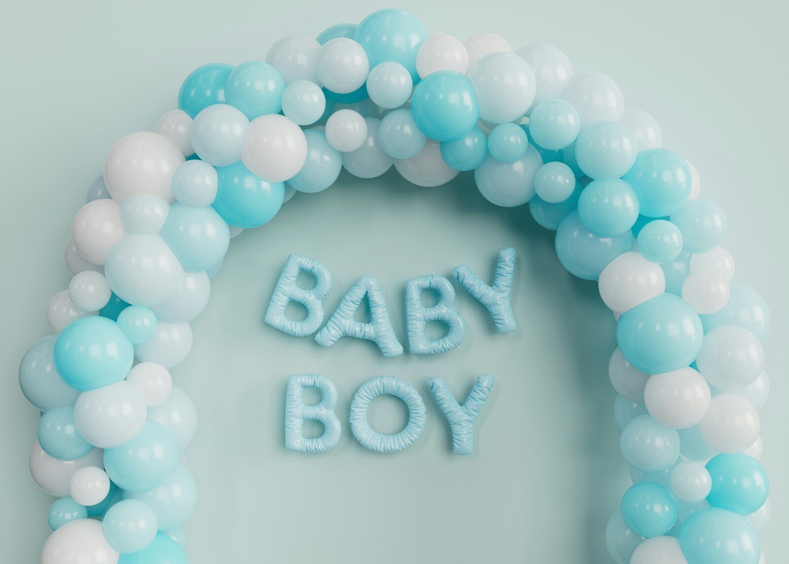Blue and white balloon arch with “BABY BOY” text on wall