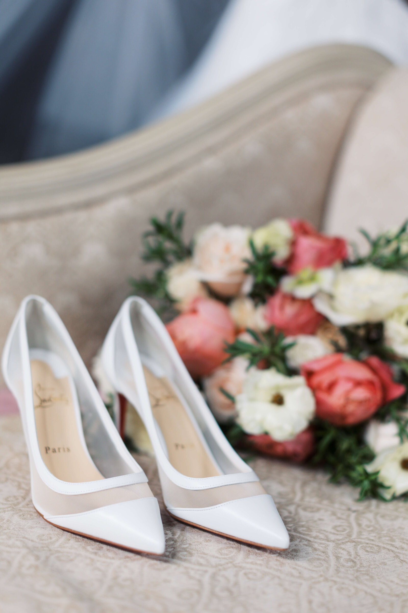 Christian Louboutin bridal shoes and pink bridal bouquet.