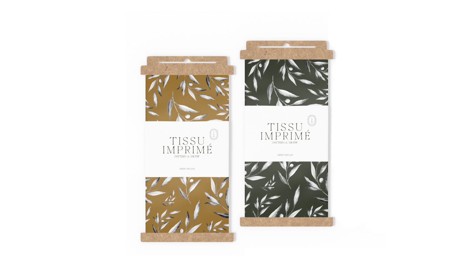 Packagings cartons pour les tissus de la marque L&M, crées par le Studio Youmé, spécialiste en identité visuelle en Vendée.