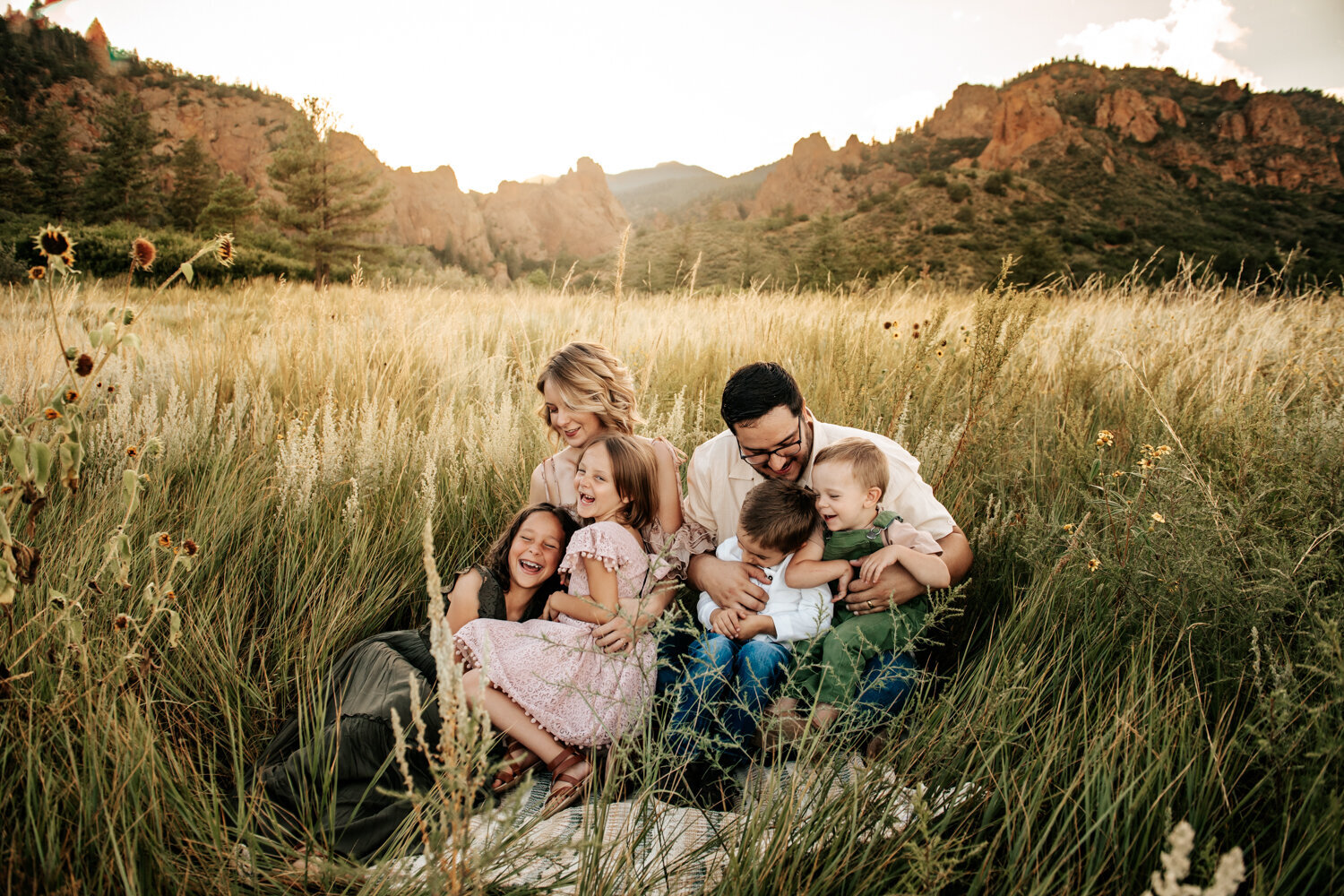 Family of six cuddled in long tall grass surrounded by red rock formations in Colorado Springs