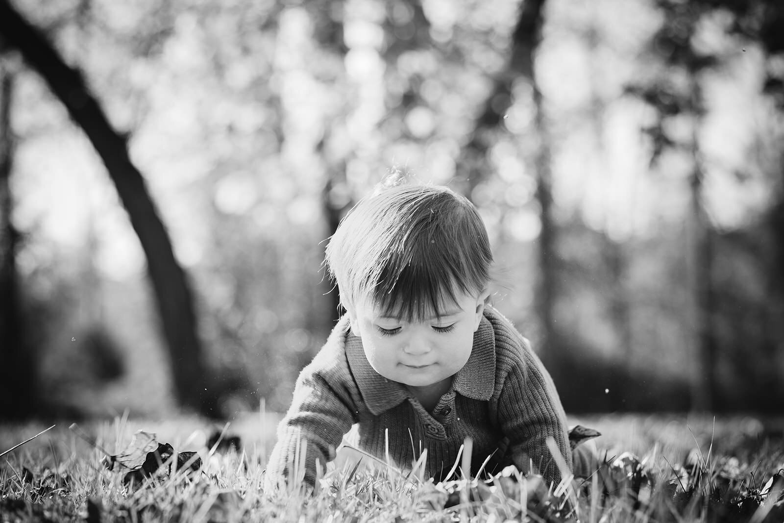 Toddler exploring the grass during an outdoor photoshoot, captured in black and white