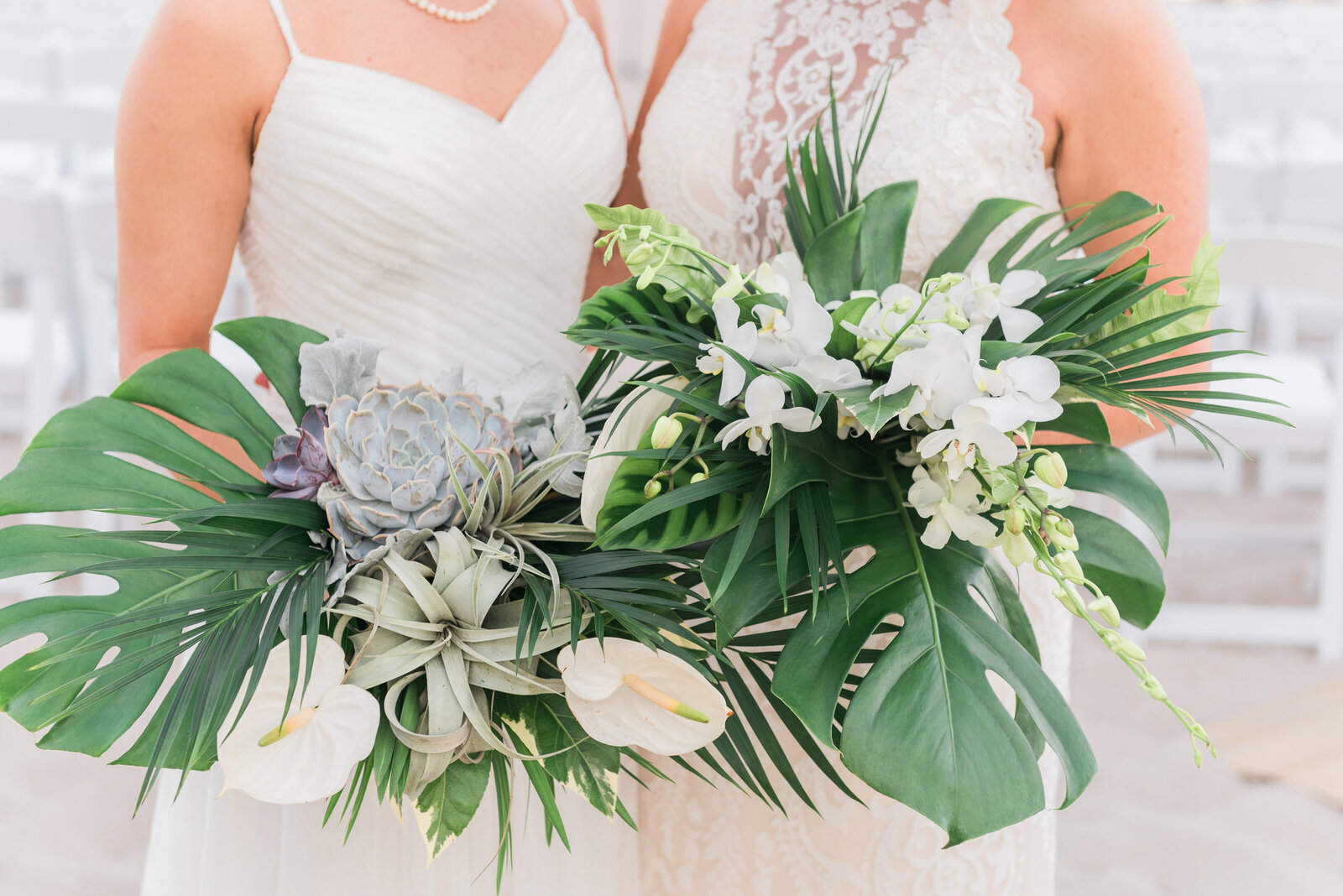 tropical wedding bouquets with palms and succulents