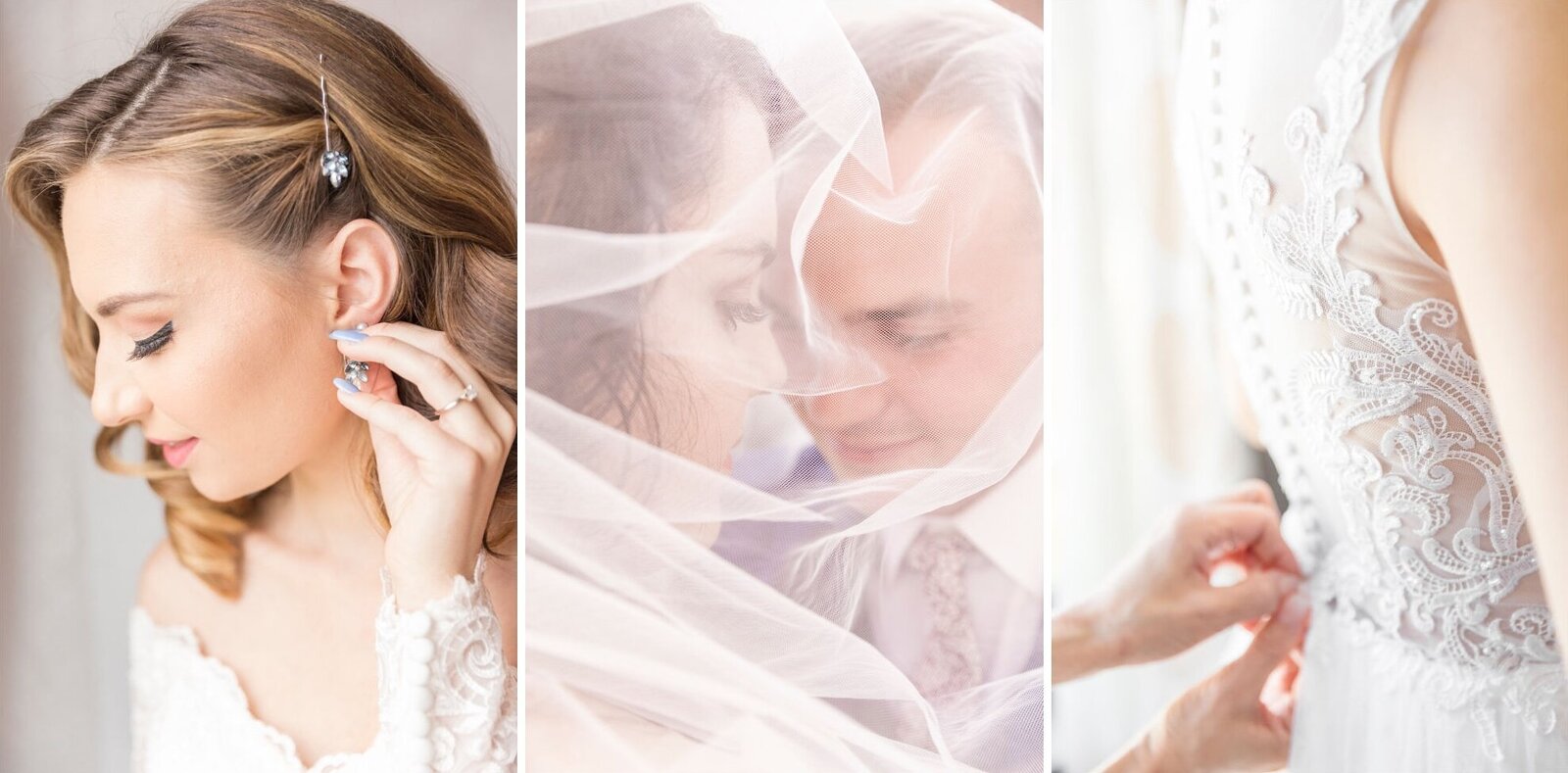Mini Gallery of Sullivan Photography Luxury Wedding Portraits - Bride, Bride & Groom First Look with Veil, Mother Buttoning Bride's Wedding Dress