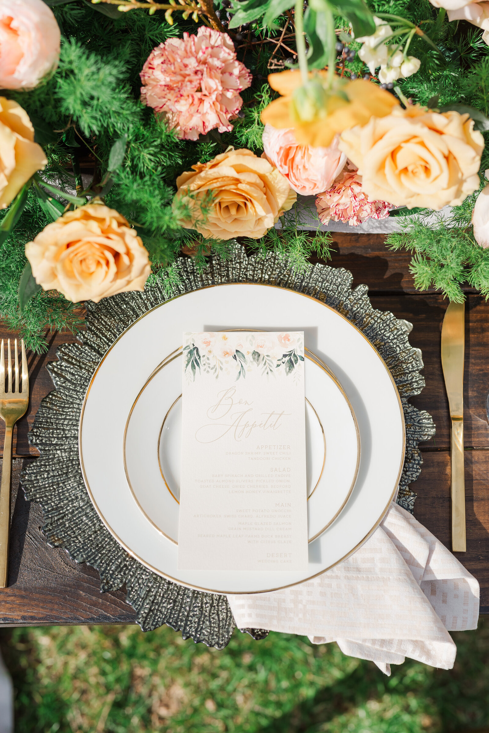 wedding tablescape with menu and flatware