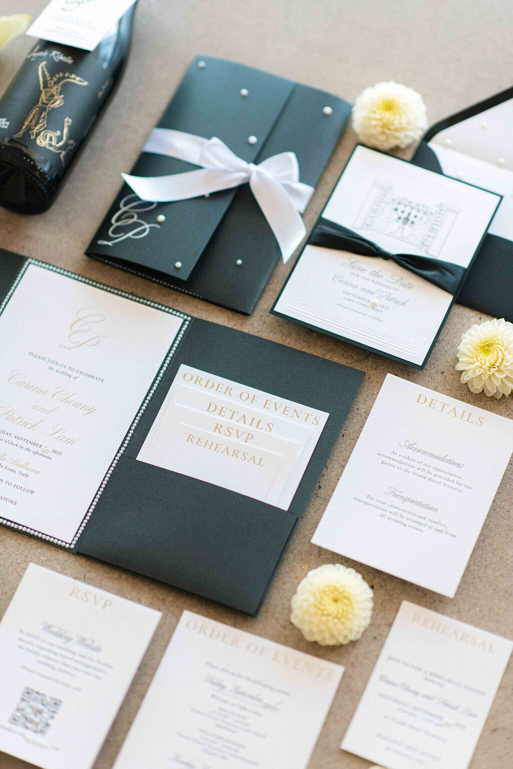Lake_como_italy_wedding_invitation_black_white_pearls