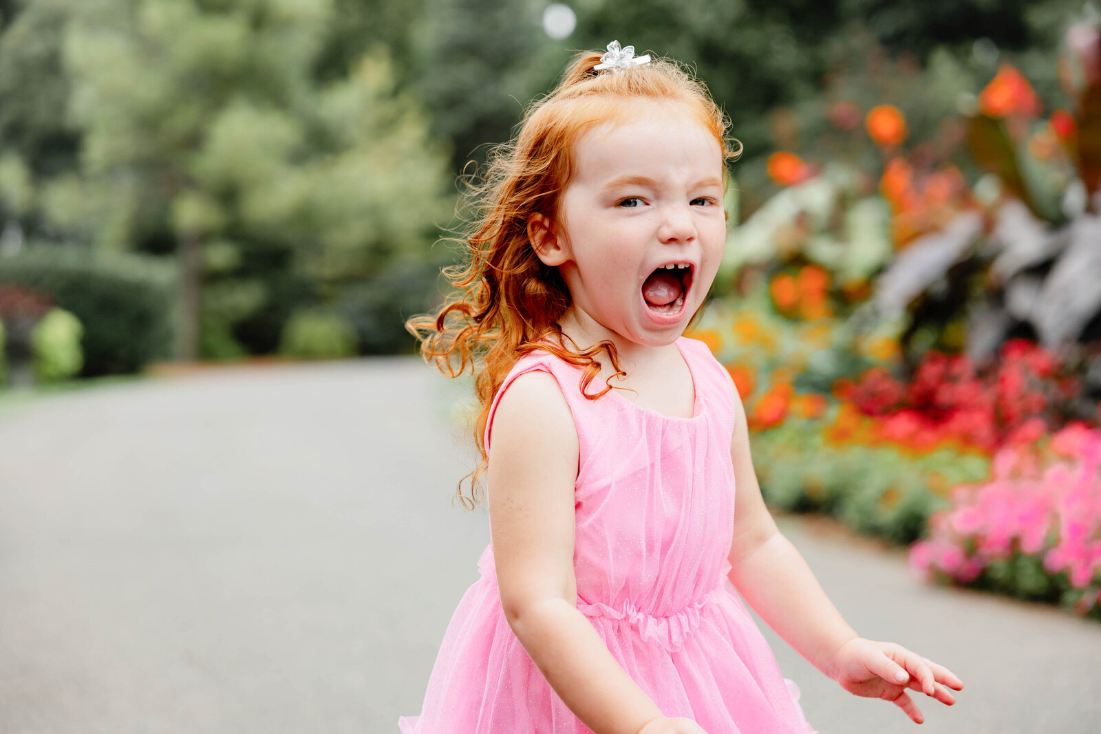 Little with pink dress screaming during photoshoot