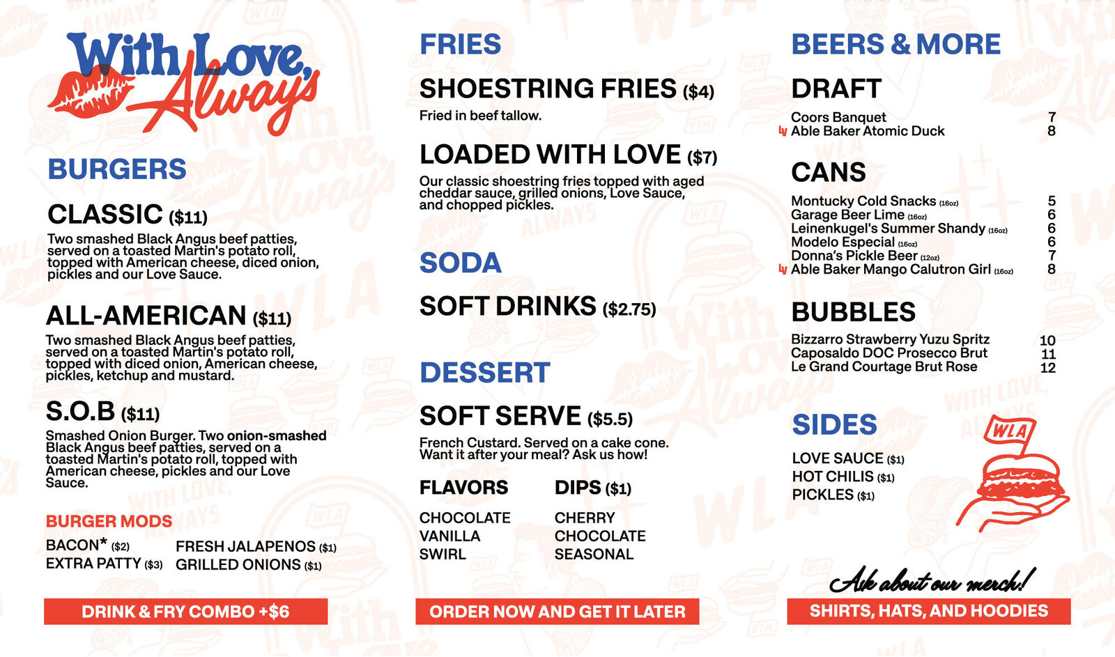 Full menu from With Love, Always featuring smashburgers, beef tallow fries, soft serve, craft beer, and sides available in Las Vegas

