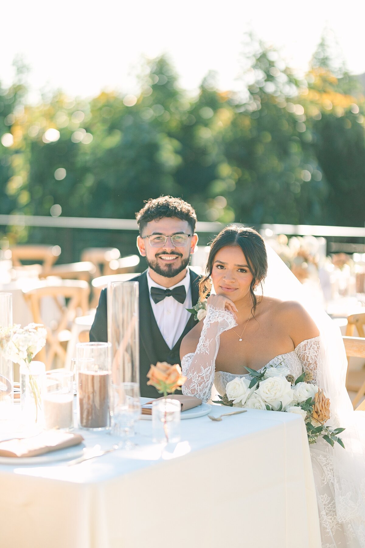 Bride and groom reception first look at Rancho Guejito terrace wedding venue.