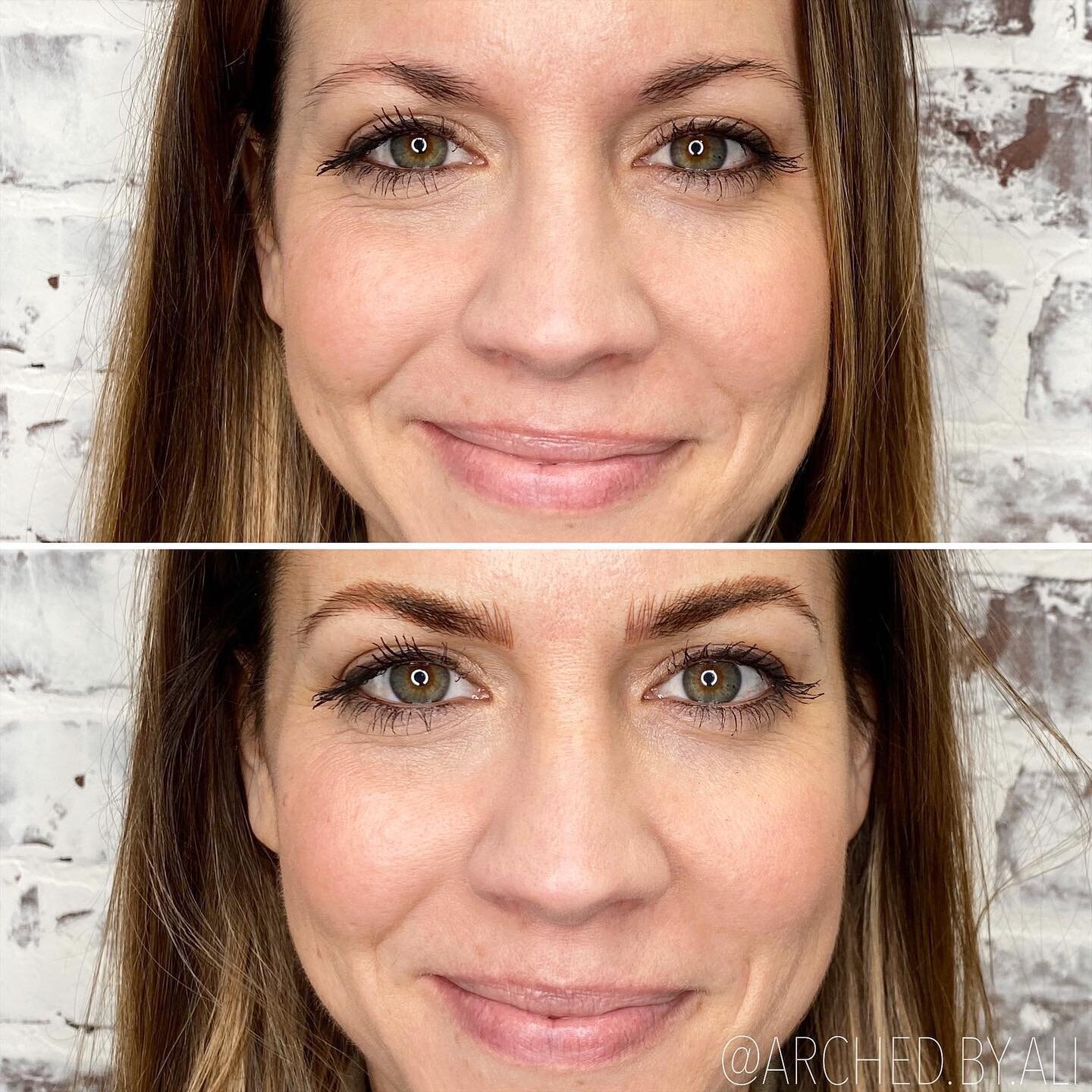 Female enhanced eyebrows that look naturally fluffy, through nicroblading services at ARCHED Coastal in Gulf Shores, Alabama.