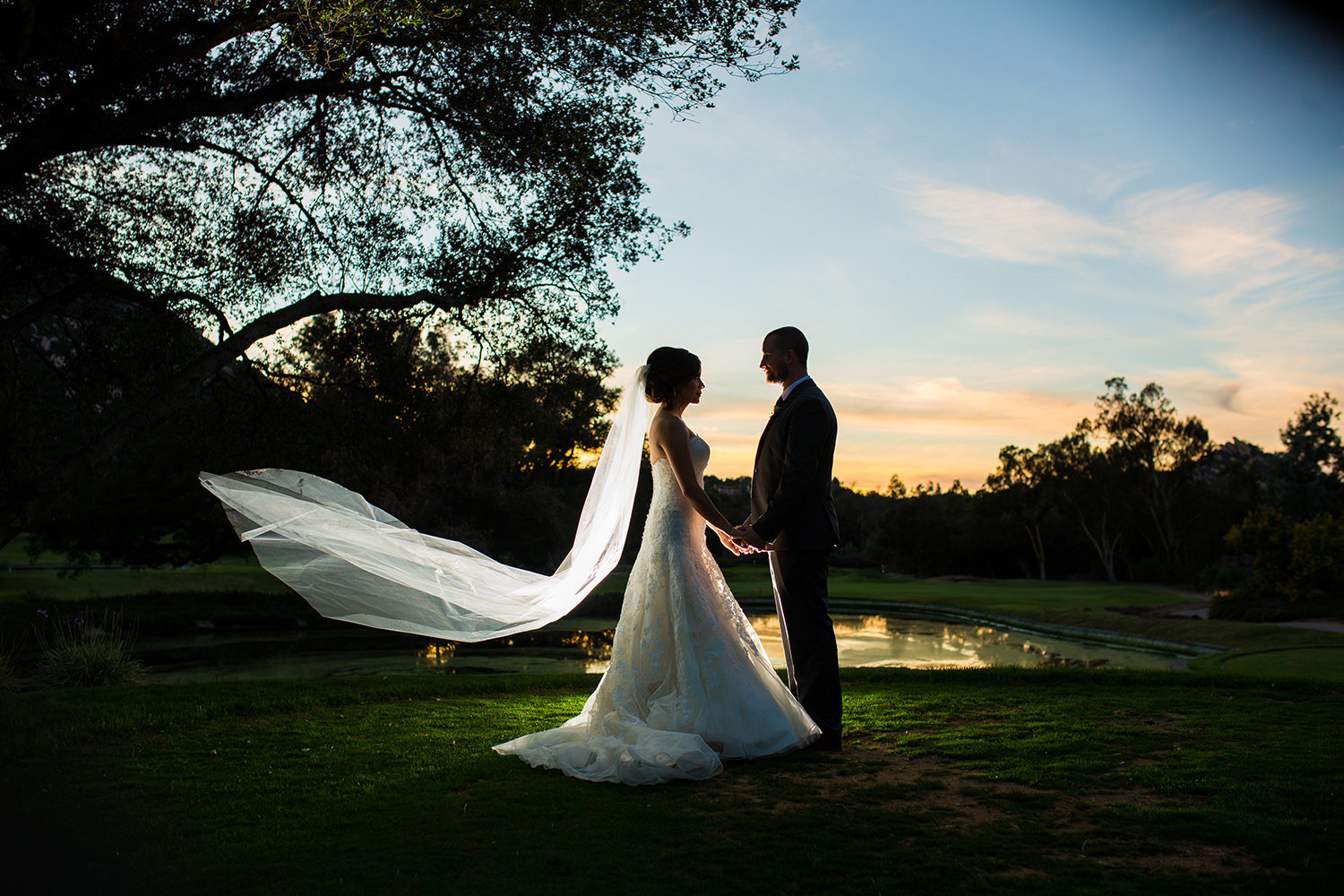 sunset image of bride and groom