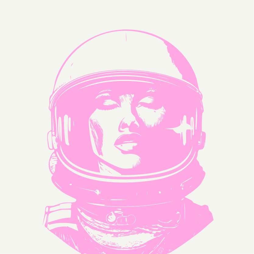 a graphic image sketch in pink of a female astronaut face with a helmet on.