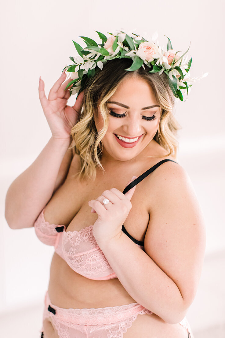 A lush and romantic floral crown by Life in Bloom for a bridal boudoir session in Chicago.