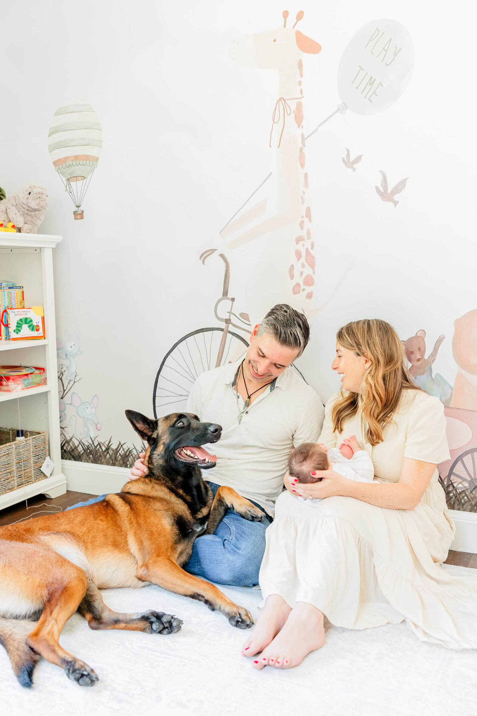 Mom and dad sit together; mom holds the baby and a Belgian Malinois rests on dad's lap