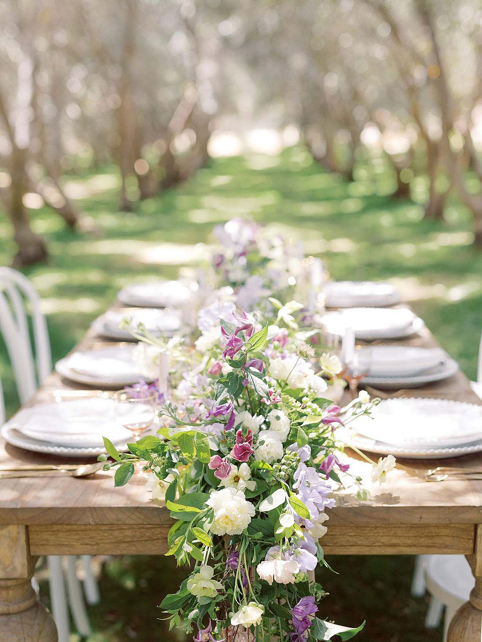 7-radiant-love-events-rustic-tablesetting-green-white-purple-floral-table-runner-wood-table-Temecula Table-updated-romantic-elegant-timeless