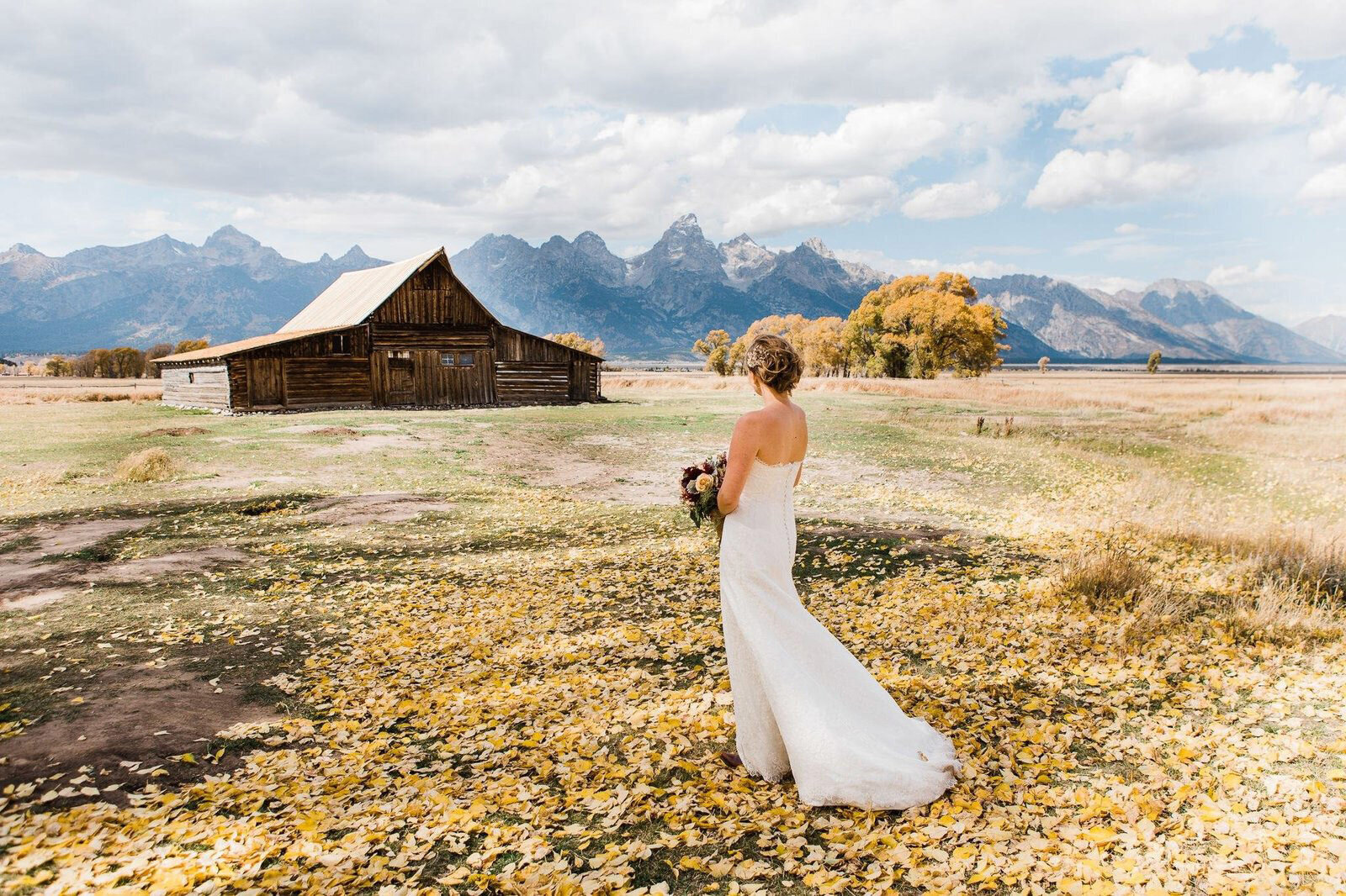 A bride takes in the views of the Moulton Barn in Grand Teton National Park surrounded by bright autumn leaves