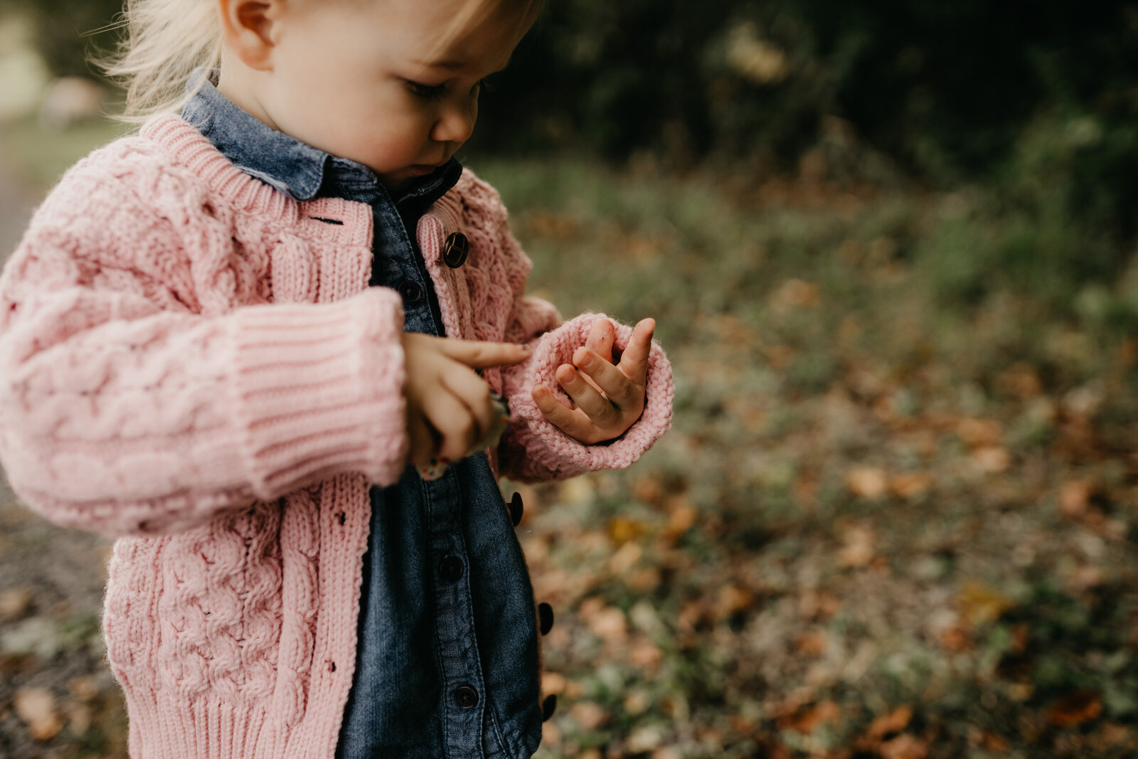 A small child holds a leaf in her hands