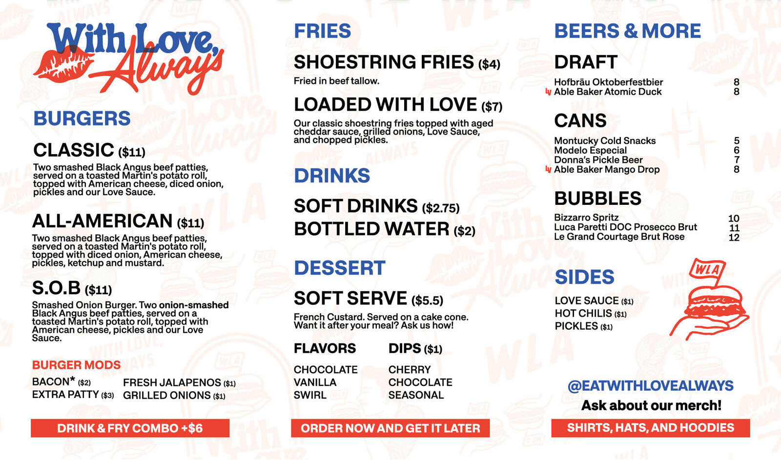 Full menu from With Love, Always featuring smashburgers, beef tallow fries, soft serve, craft beer, and sides available in Las Vegas

