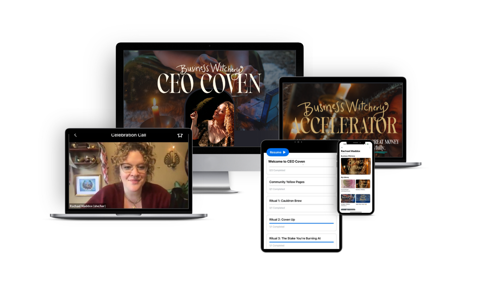 A mockup highlighting Oracle Business Witch, Rachael Maddox’s Business Witchery’s CEO Coven and the inclusions like: Small Group Coven Coaching, a Private CEO Coven Slack Community, Seasonal Rituals, and The Business Witchery Accelerator.