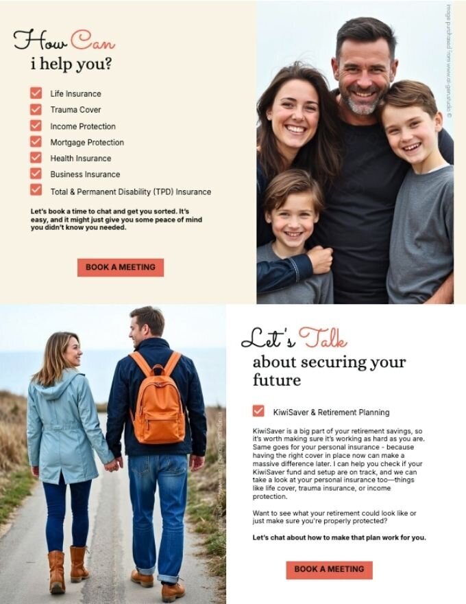 Website section showing Diana McIntyre’s insurance service benefits and future planning message — tailored for New Zealand families.