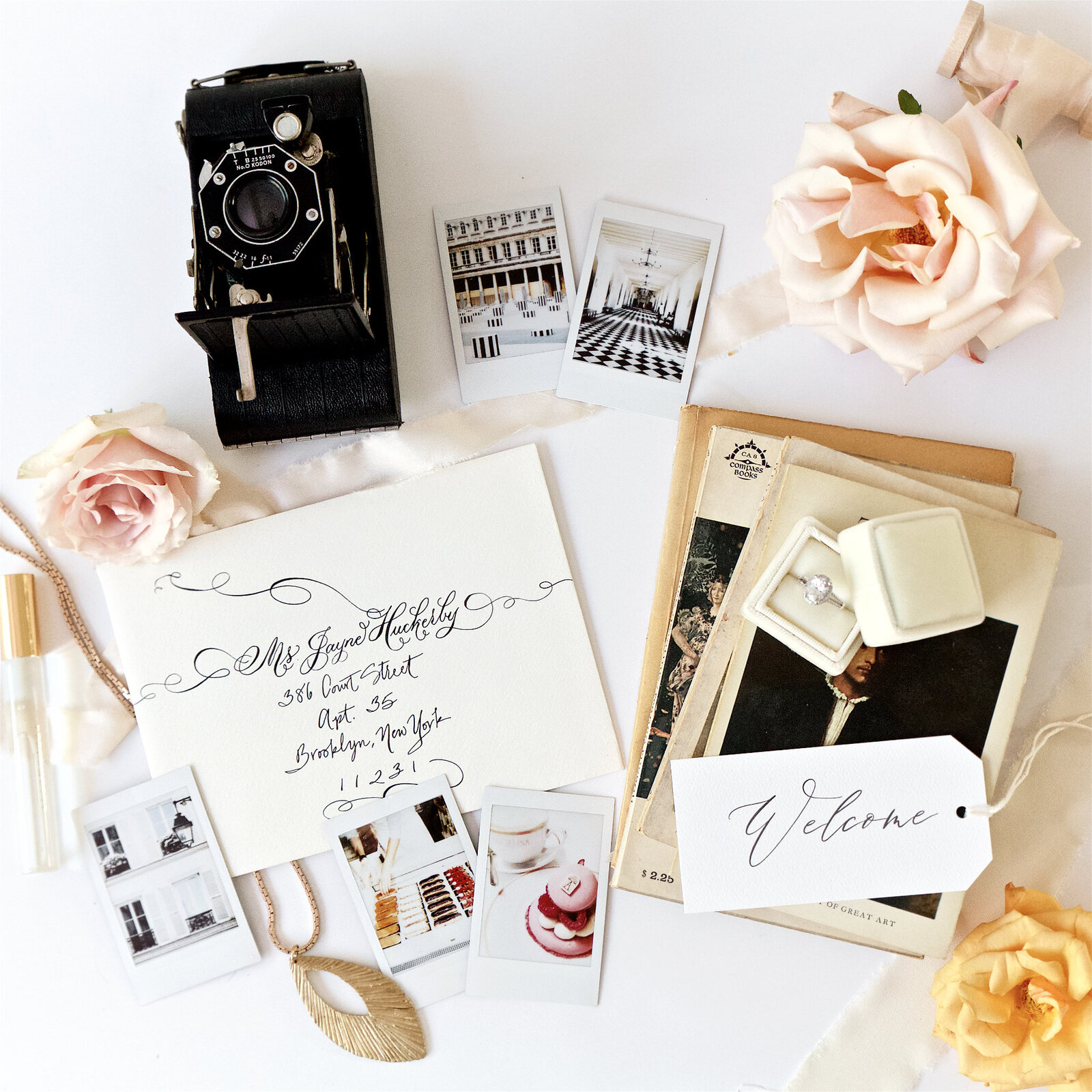 Etsy small business photographer creates flat lays of invitation suites and small goods with a French Parisian flair