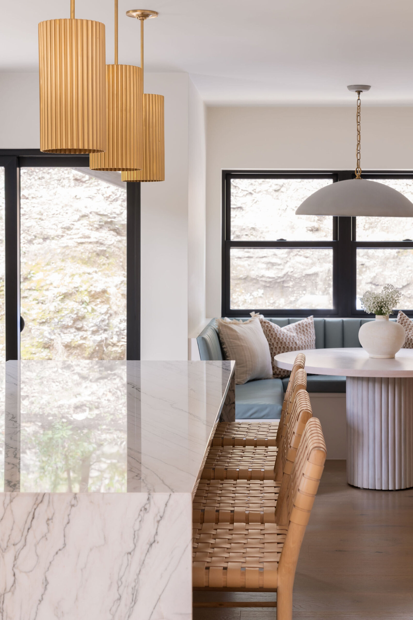 Nuela+Designs+Waterfall+Kitchen+Island+Quarzite+Built-in+Breakfast+Nook