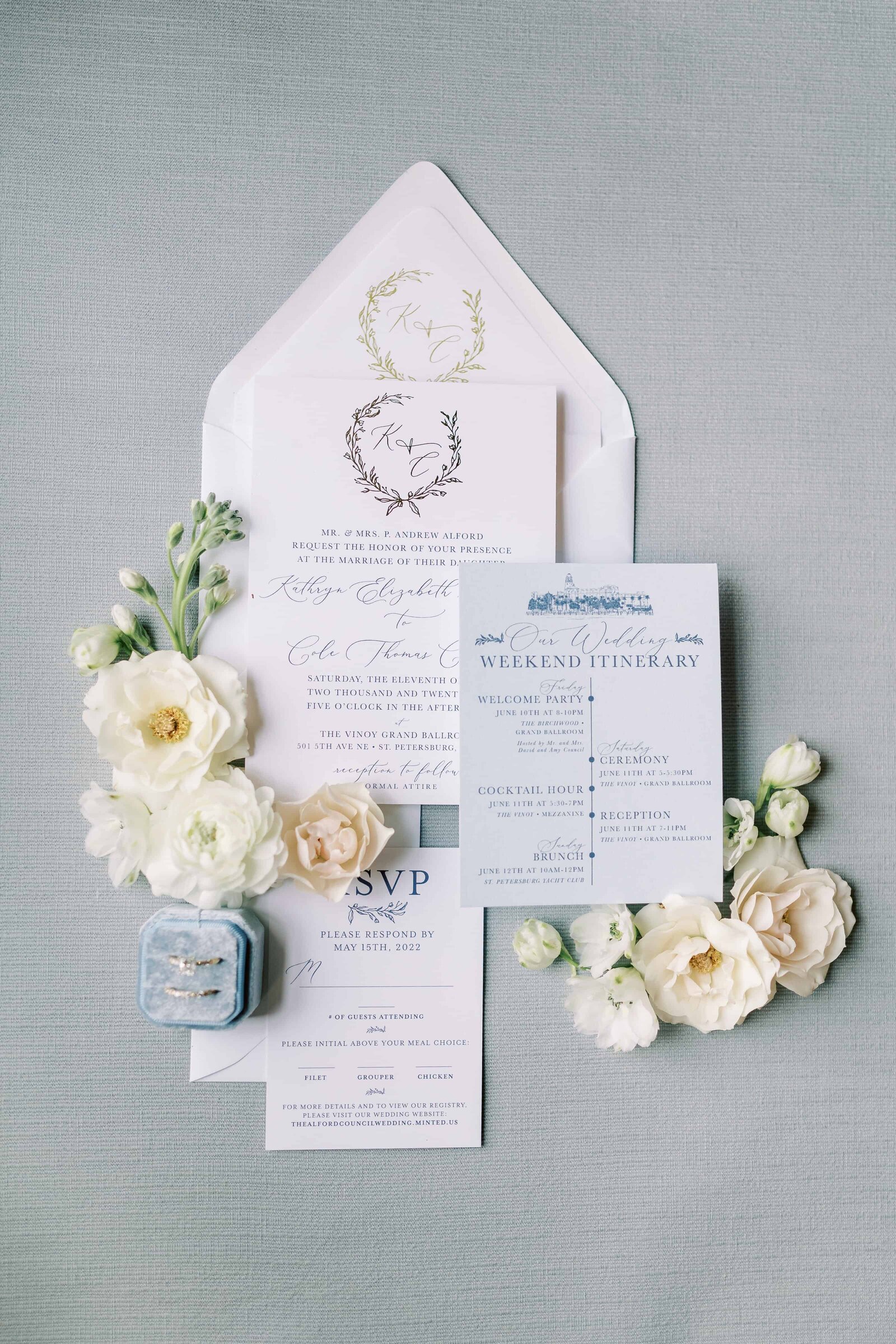 Wedding invitation suite with flowers at the Vinoy