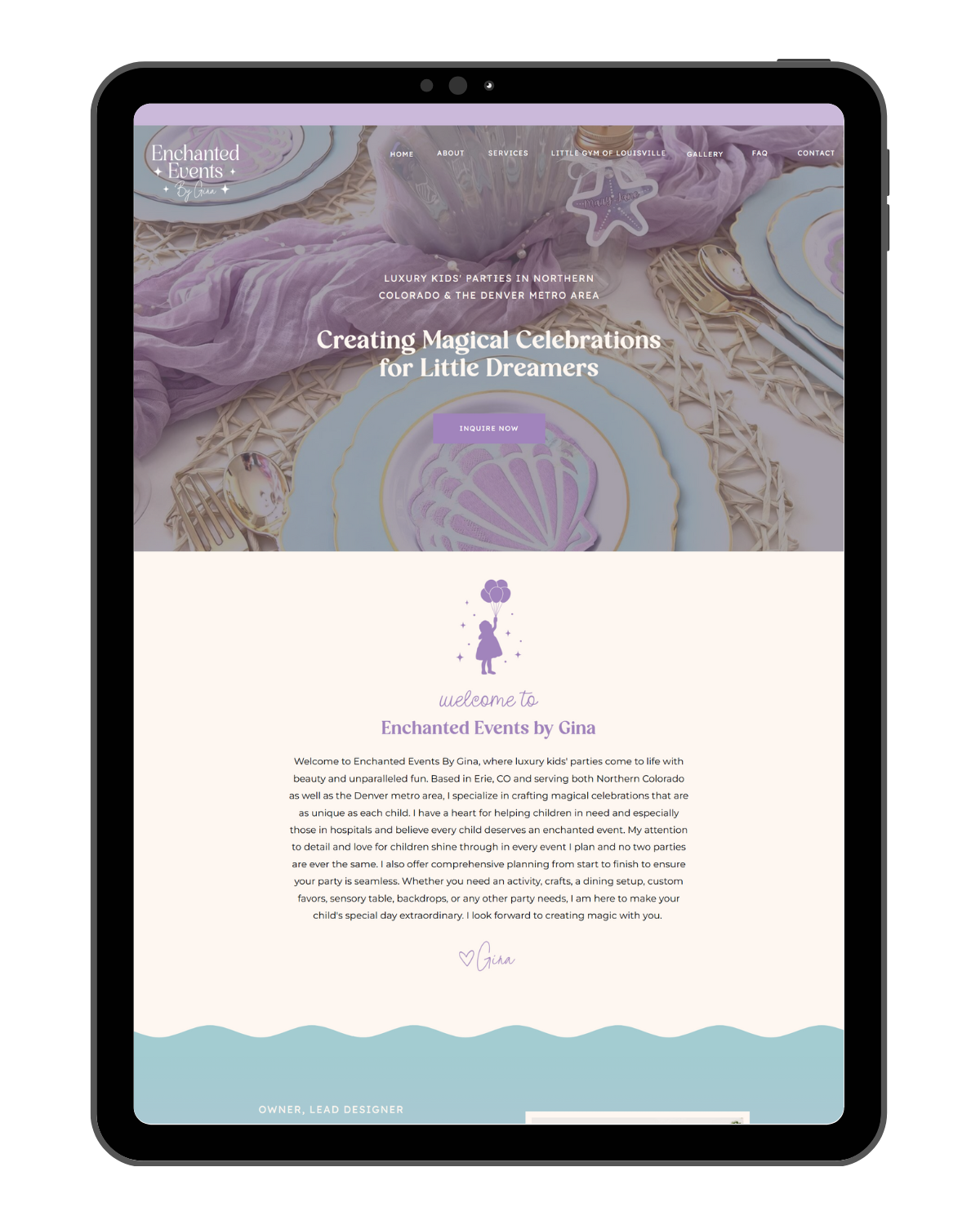 luxury kids party planner website template on Showit
