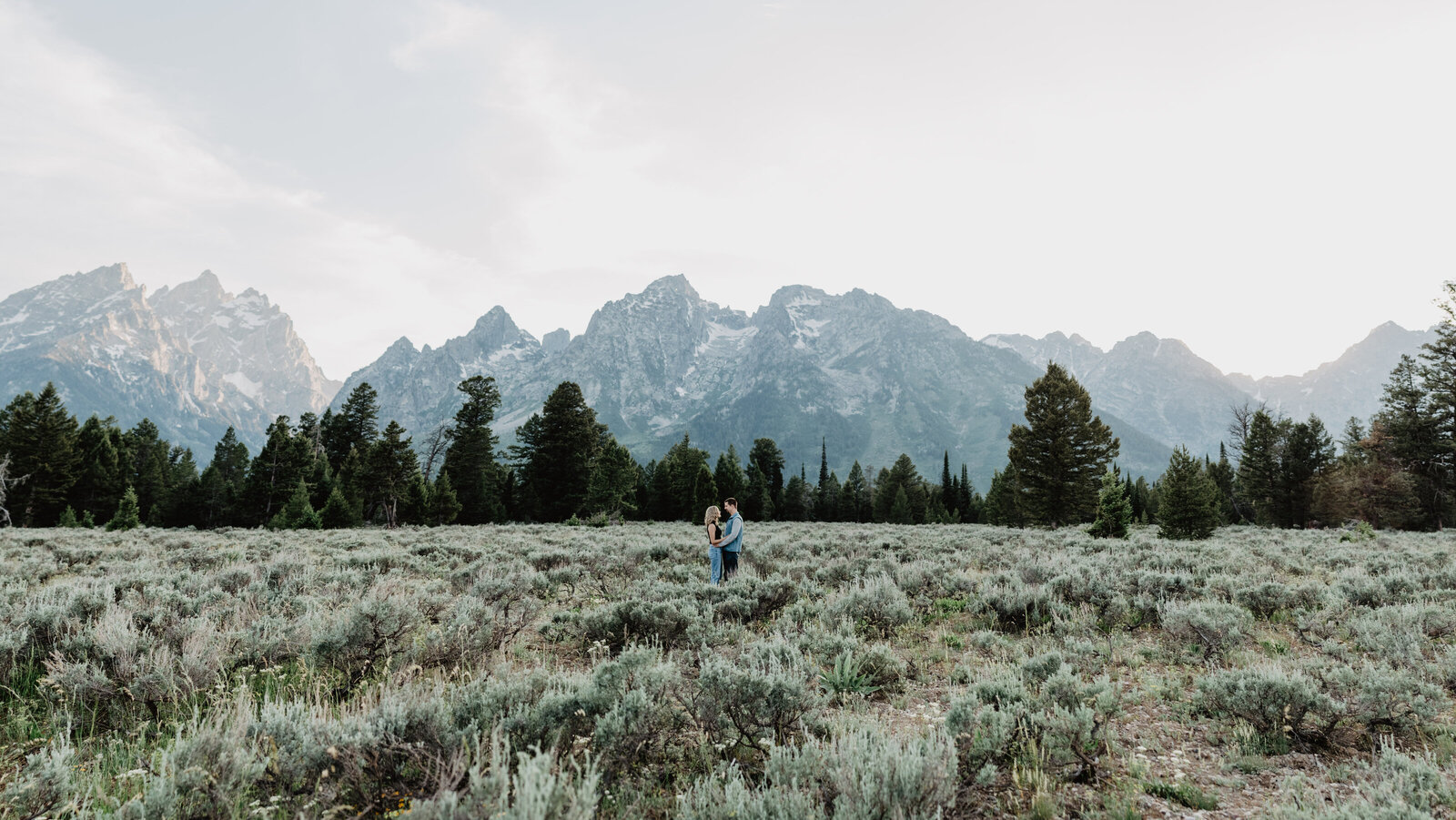 jackson hole wedding photographers captures engagement pictures  with man and woman in the grand tetons in a meadow in front of the mountains while the sun shines on the mountains
