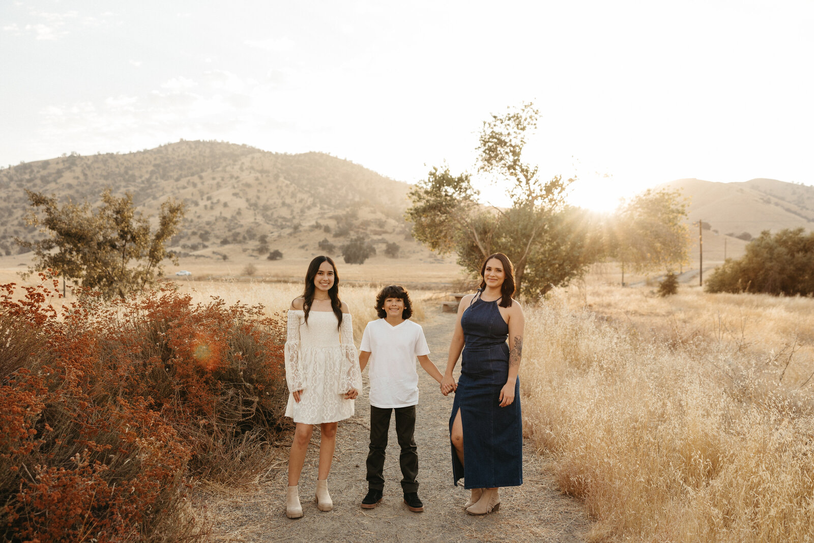 Family holding hands walking through the desert