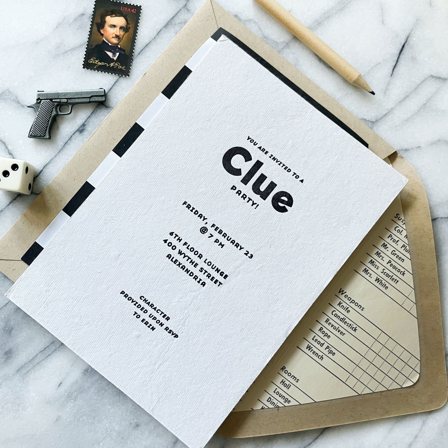 Clue-themed party invitation with vintage-inspired design.