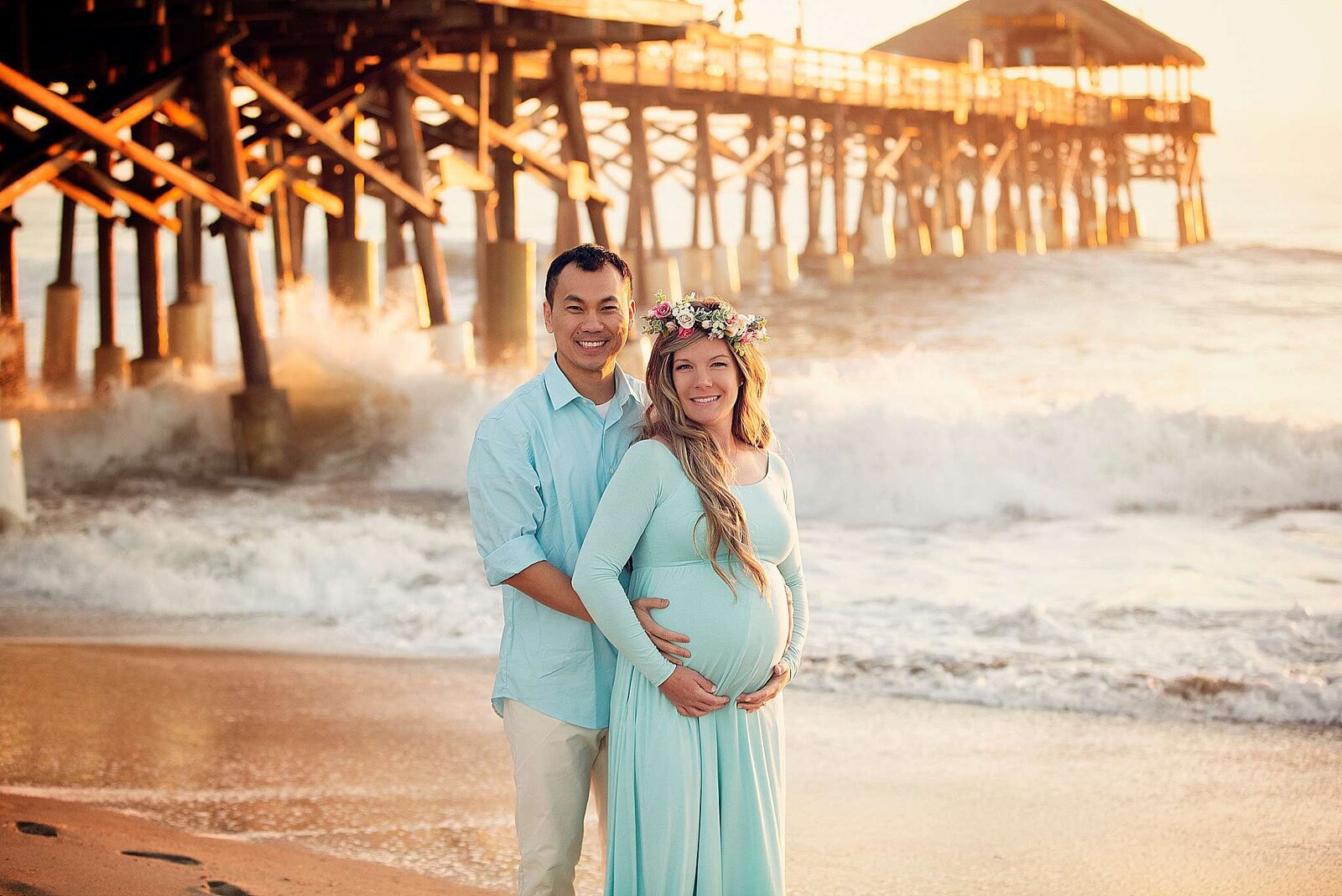 A beautiful maternity photo at Cocoa Beach, FL, capturing the essence of motherhood with a stunning beach view.