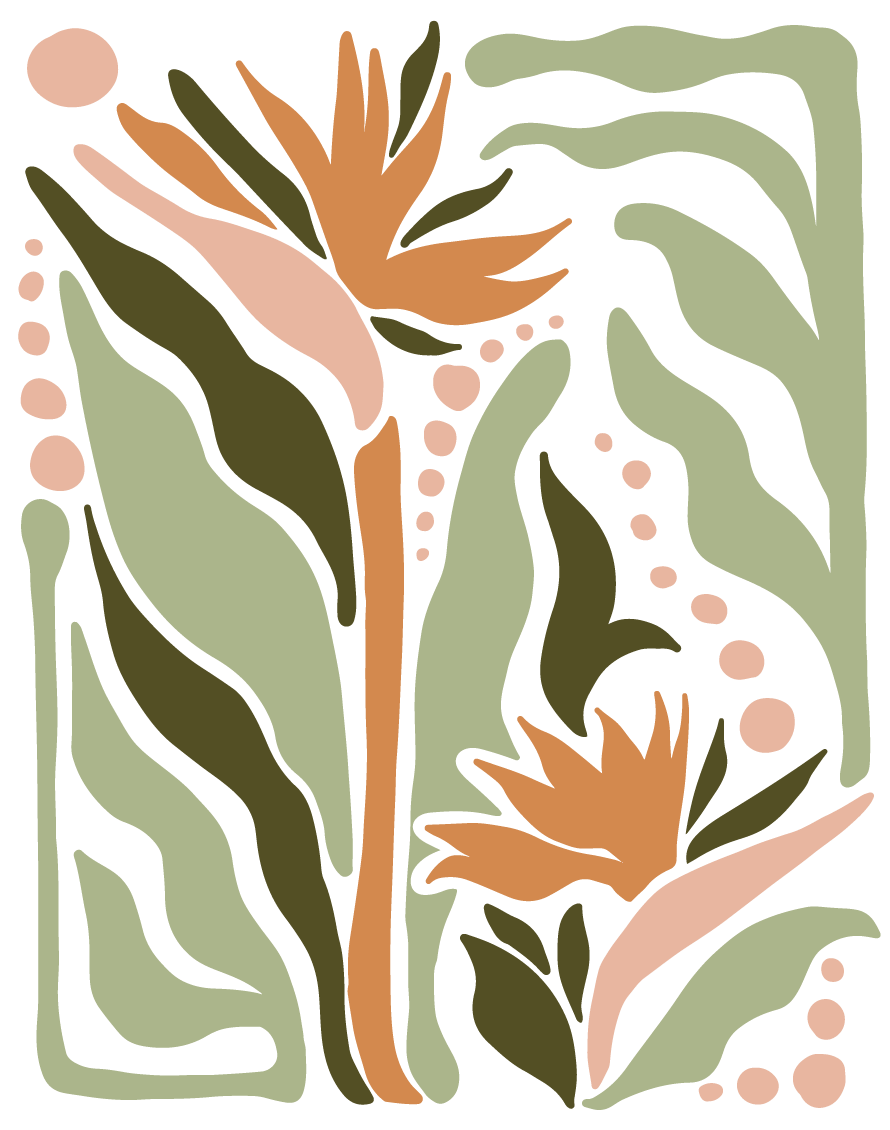 A series of intricate botanical illustrations in soft green, peach, and white tones. These decorative patterns reflect the natural, organic essence of the Herbalista Love brand, highlighting its connection to nature and wellness.