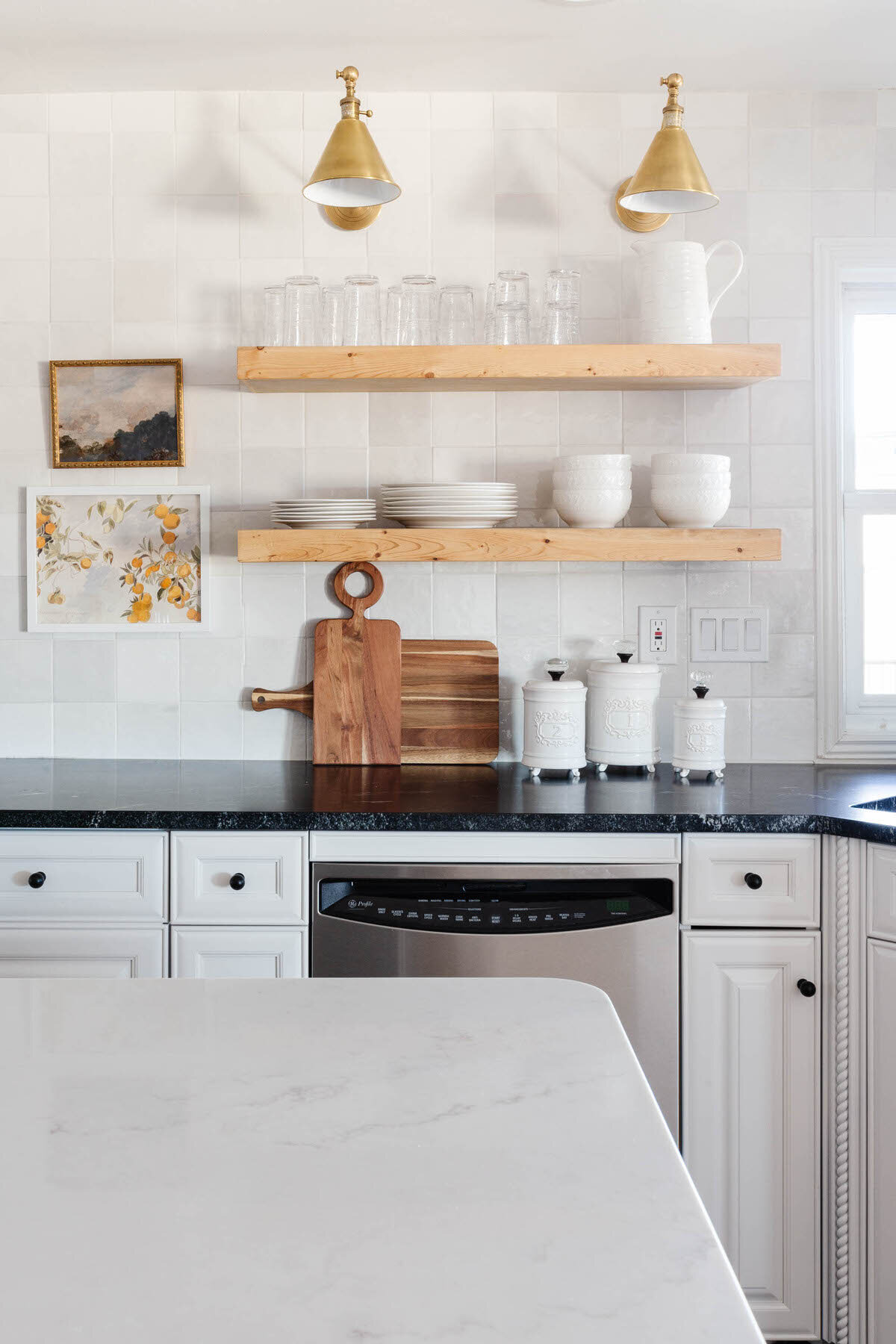 Modern Farmhouse Charming Cottage Warm White Kitchen with open shelves by Peggy Haddad Interiors19