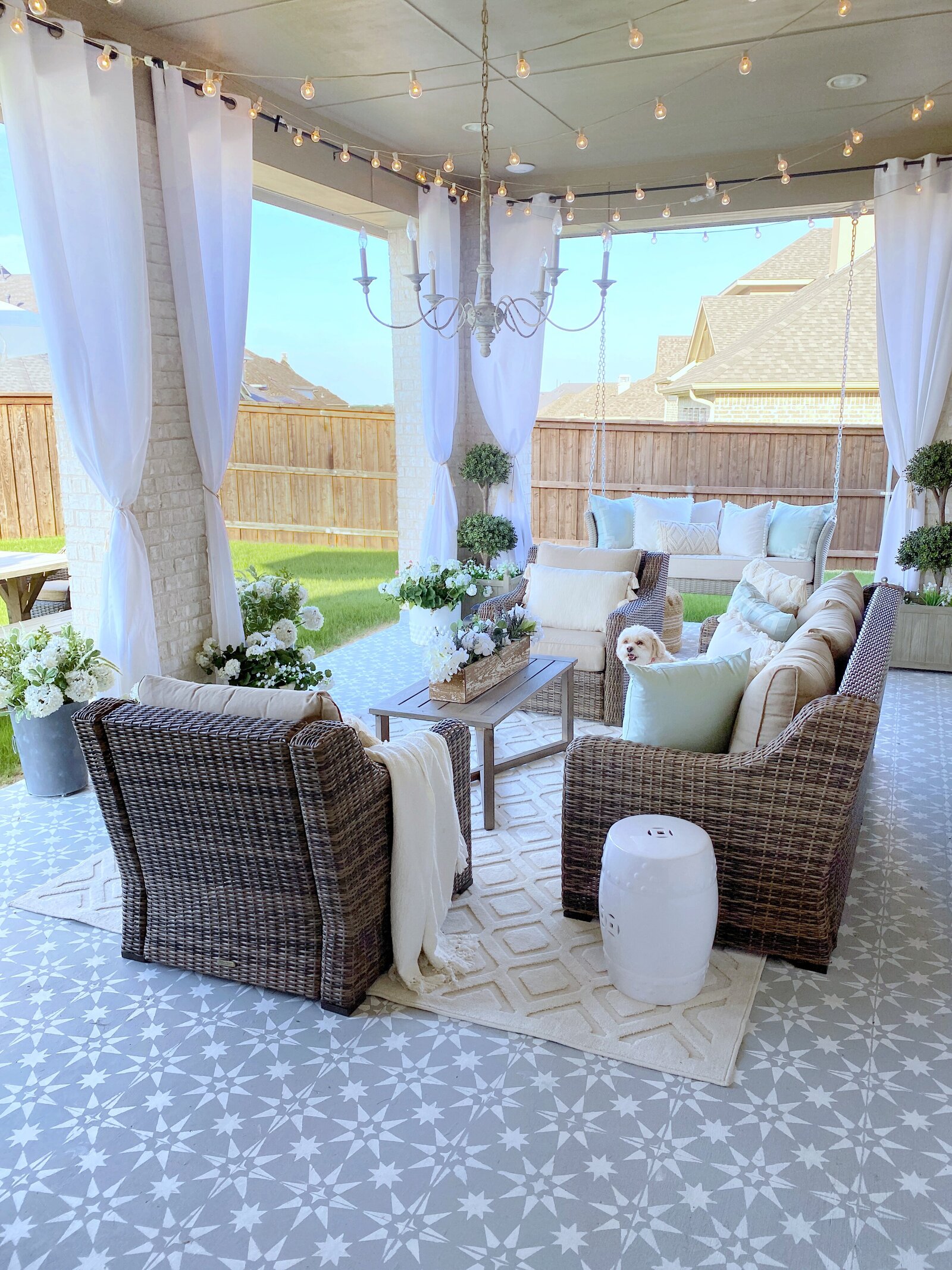 Outdoor patio decorated with MTH items and MTH drapes