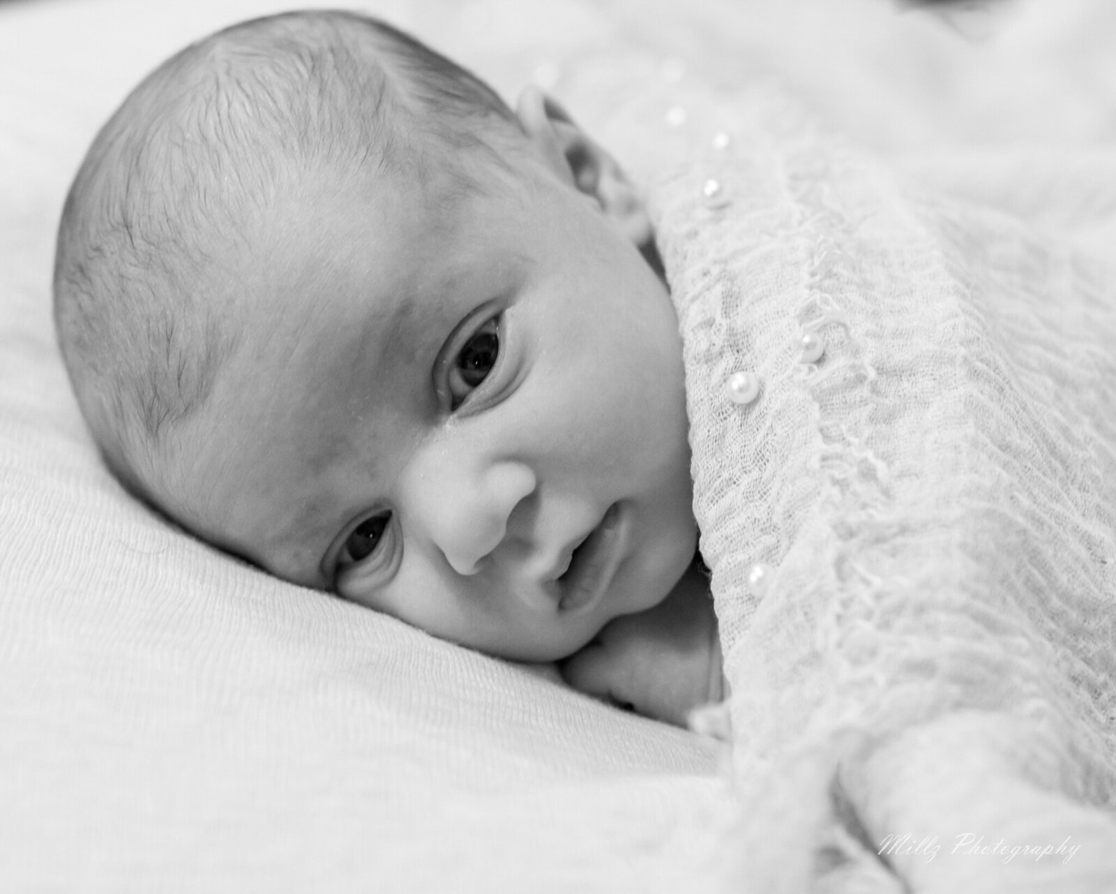 newborn baby awake and alert laying down photographed by Millz Photography in Greenville, SC