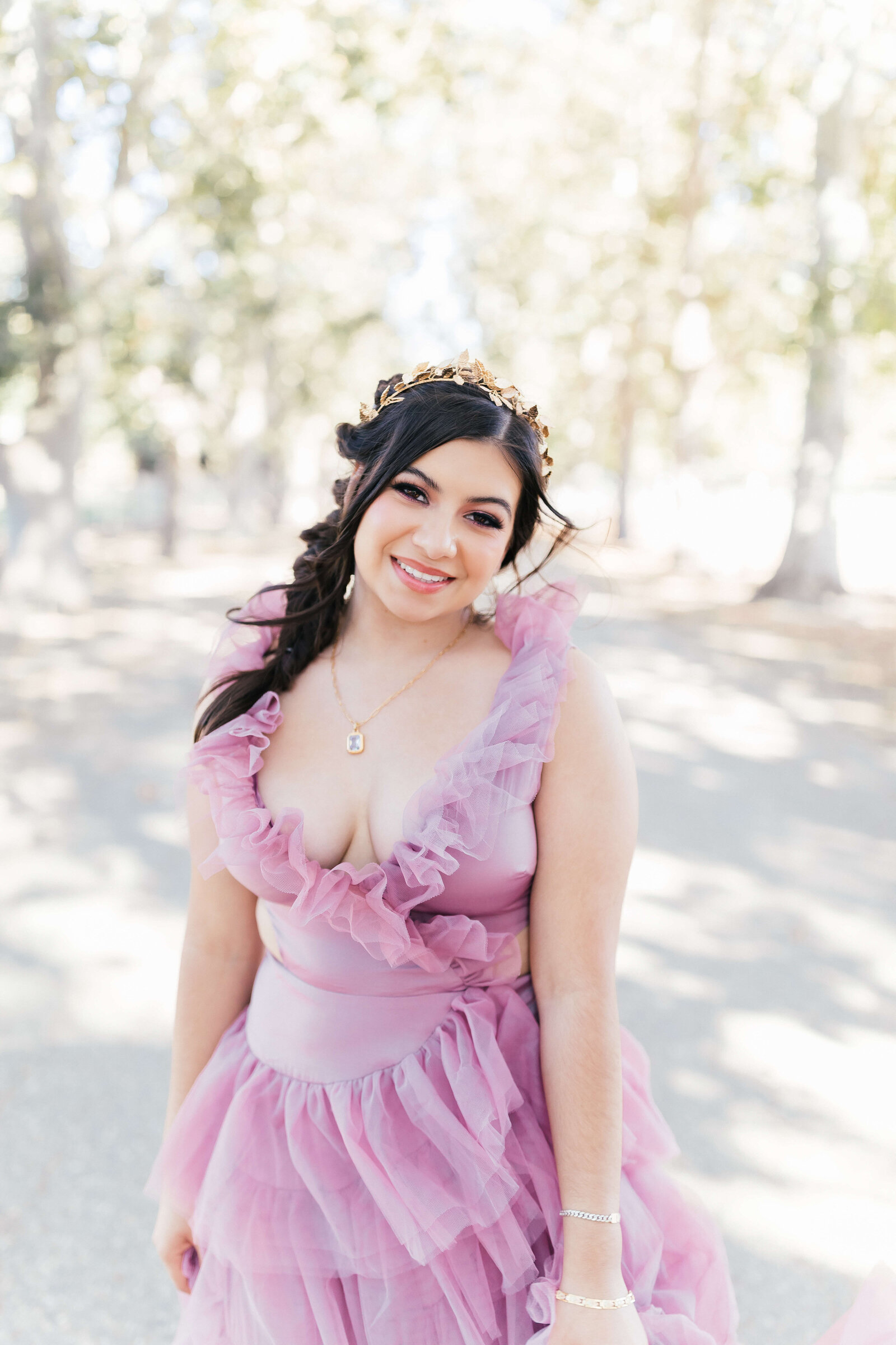 High school girl wearing whimsical flowy dress senior photo session
