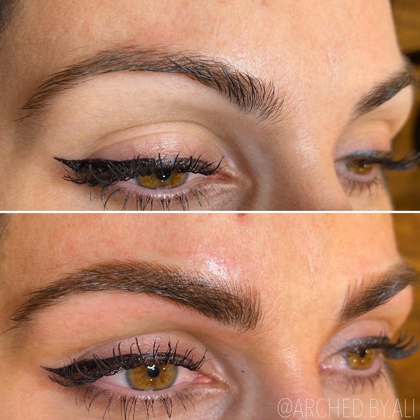 Female enhanced eyebrows that look naturally fluffy, through nicroblading services at ARCHED Coastal in Gulf Shores, Alabama.