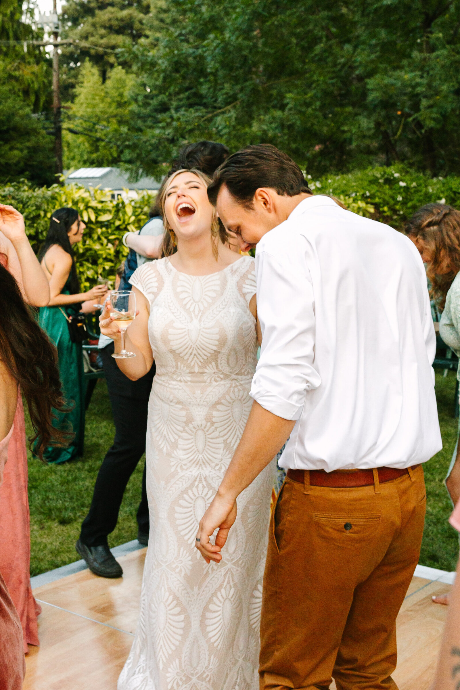 Colorful wedding reception in Santa Cruz, California in the redwood trees.