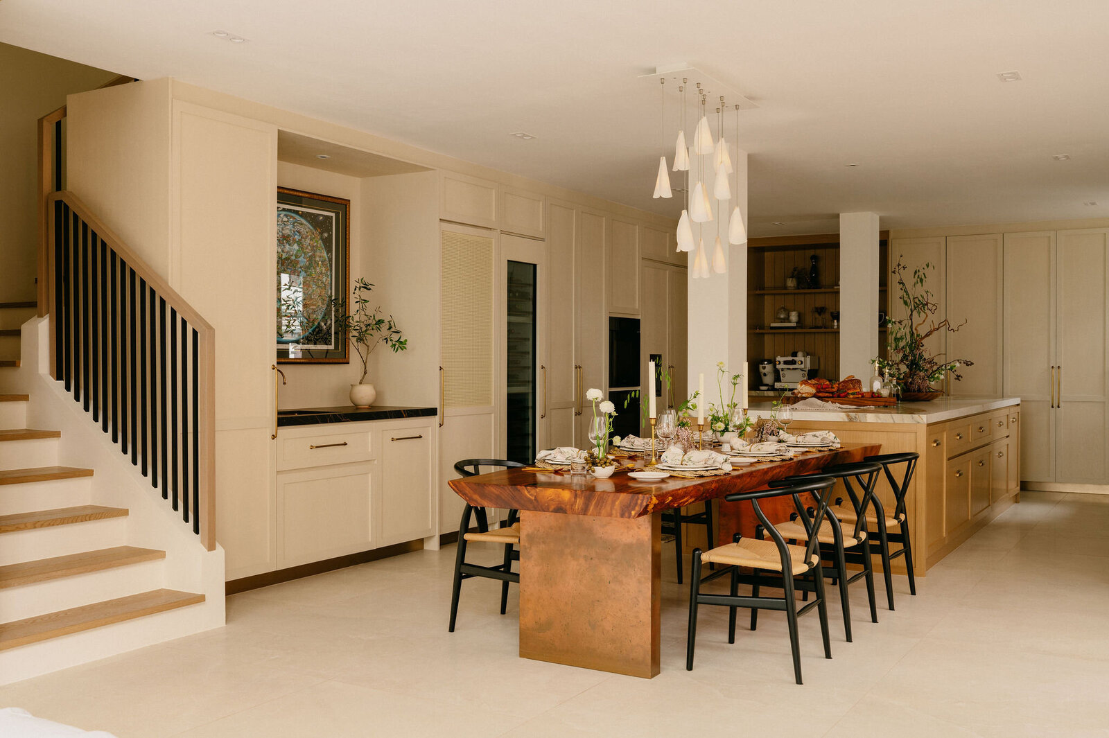 Open-concept dining room with wooden dining table in a luxurious, rustic inspired landed home in Singapore