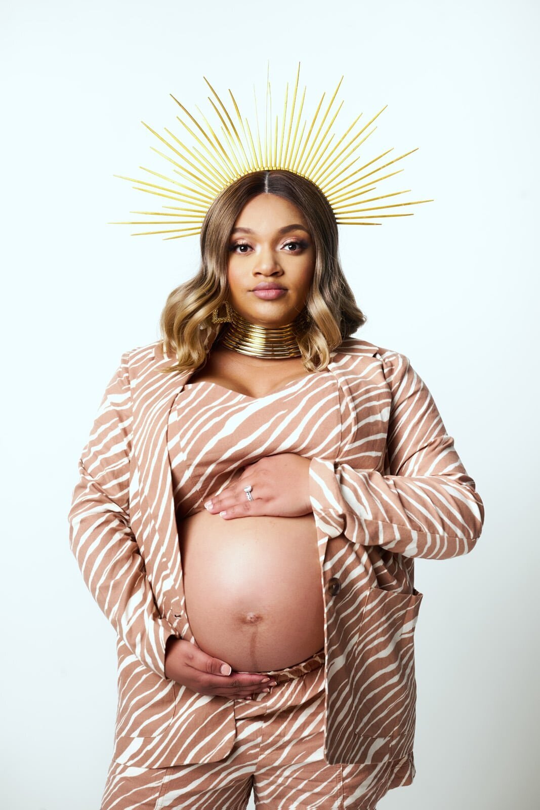 Fine Art Maternity Portrait in Elegant Attire With Radiant Headpiece-20