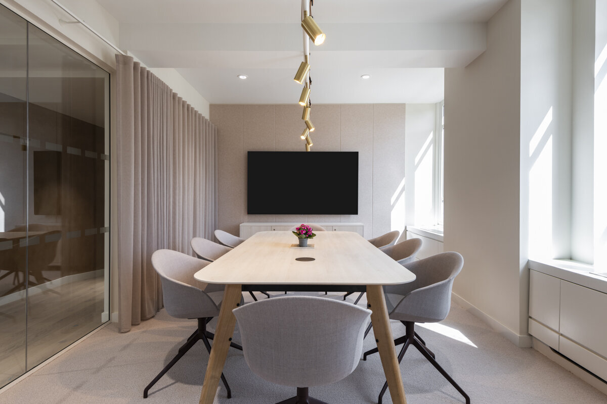 Commercial interiors photography – custom office furniture design with modular desks and storage solutions.