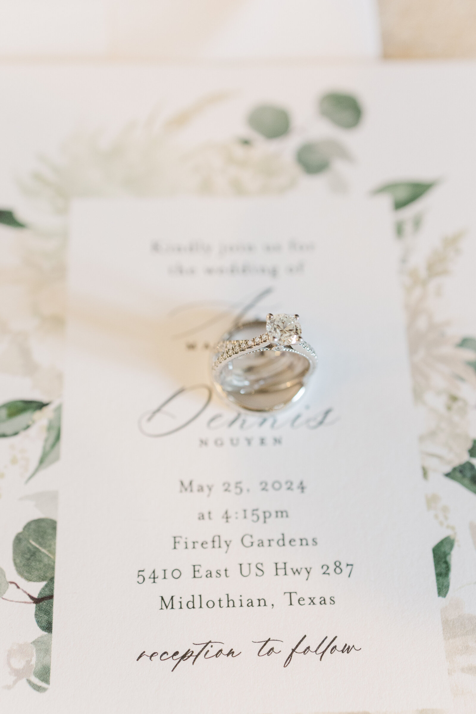 Wedding invite and wedding ring flat lay photoshoot