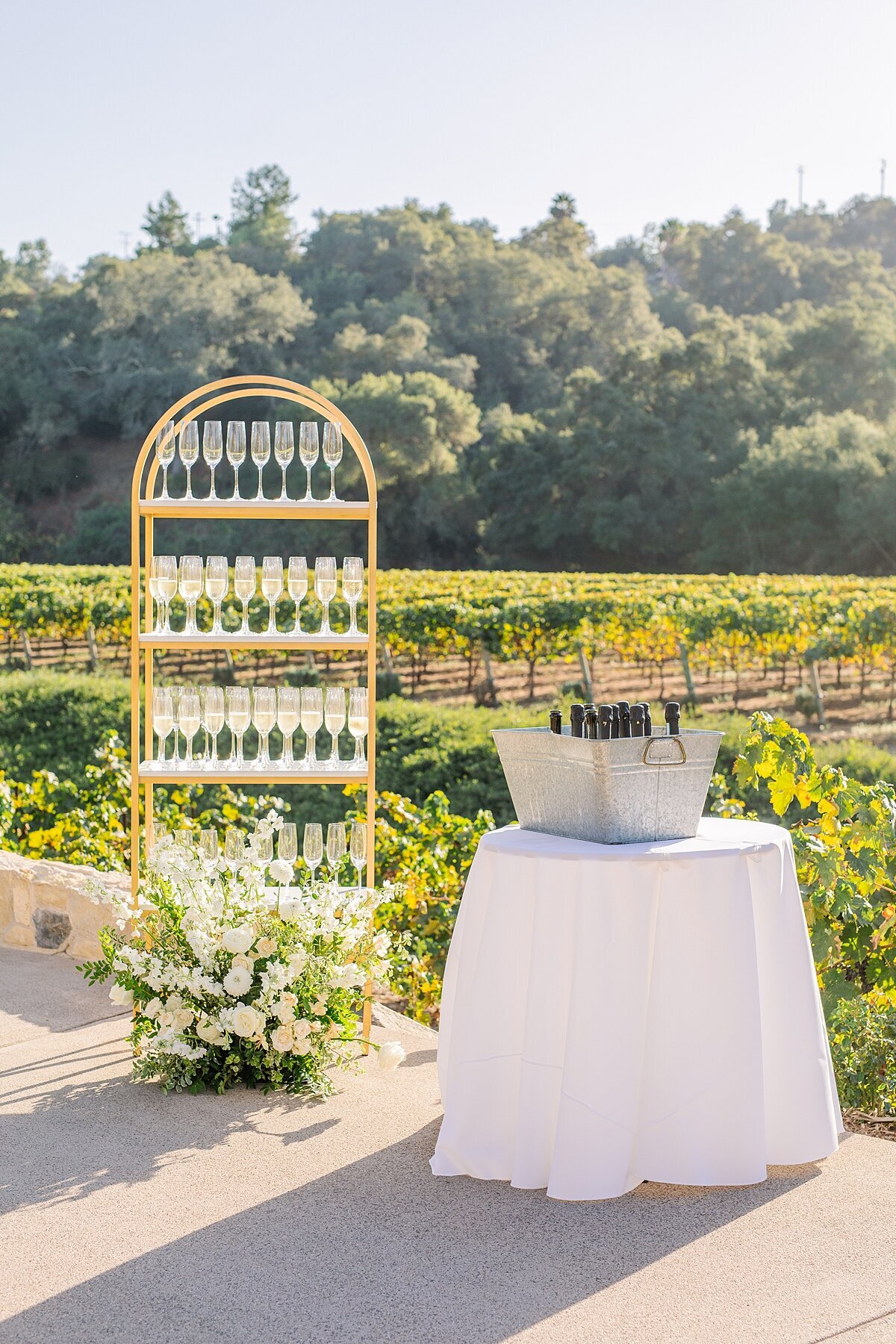 Welcome champagne tower at Monserate Winery Weddings in Fallbrook, California.