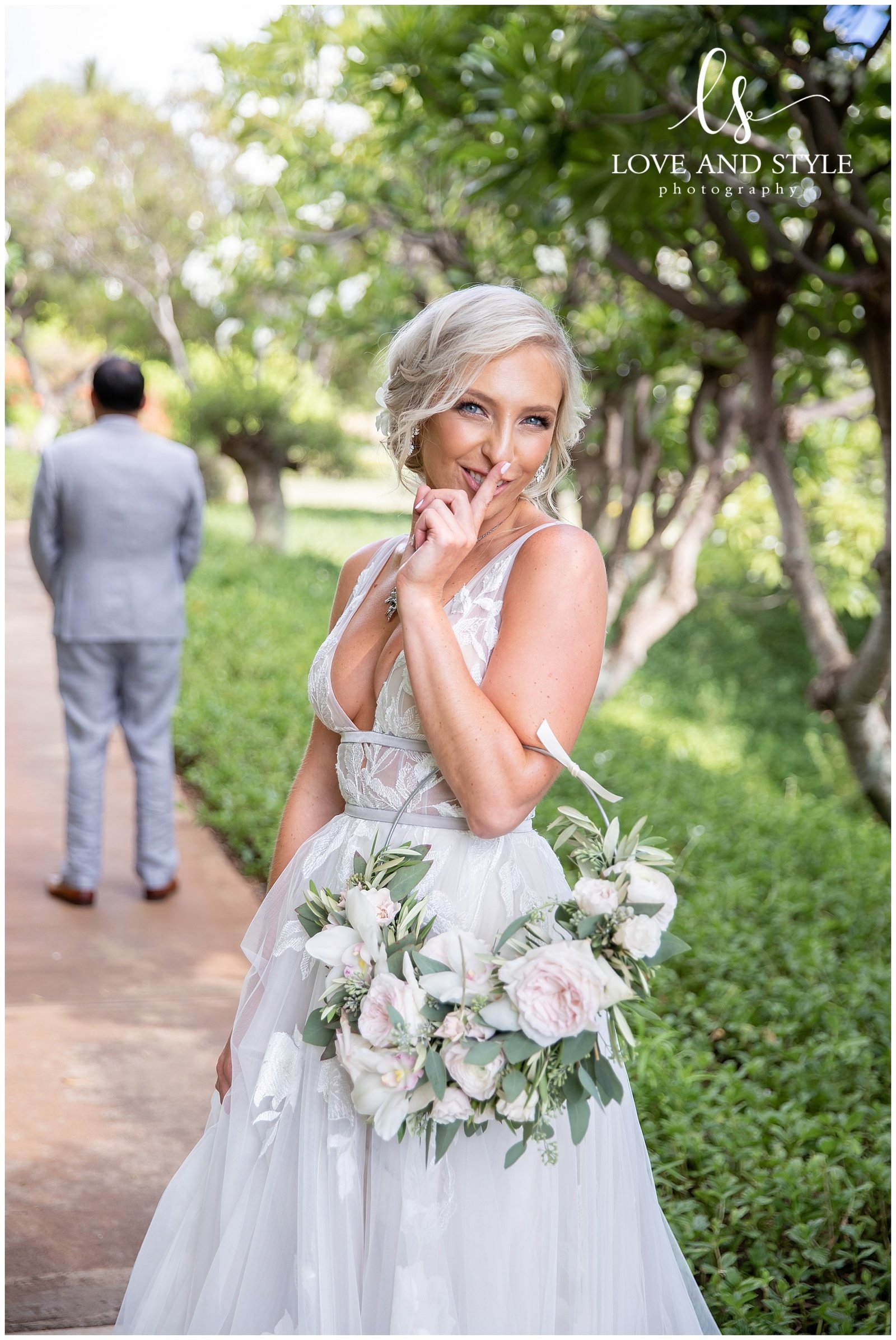 Bride and groom preparing for a first look