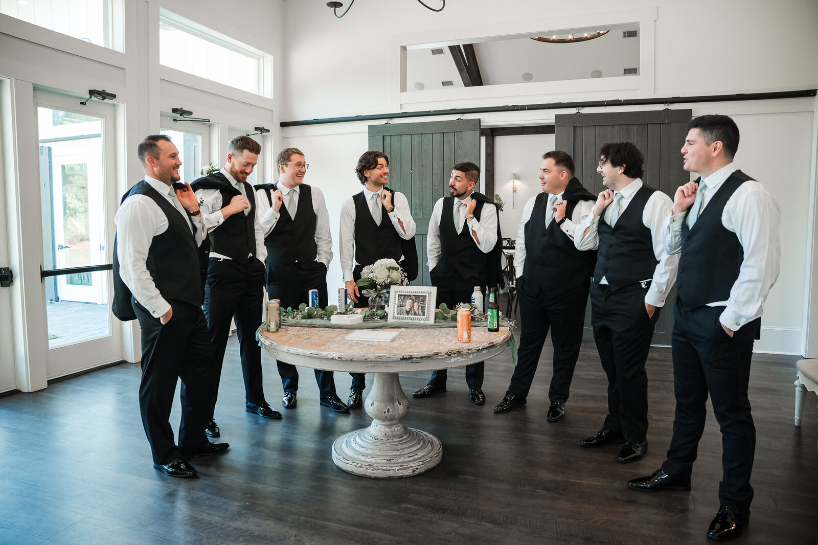 Groom and groomsmen getting ready for the wedding ceremony at the Venue Daisy Hill wedding venue in South Georgia