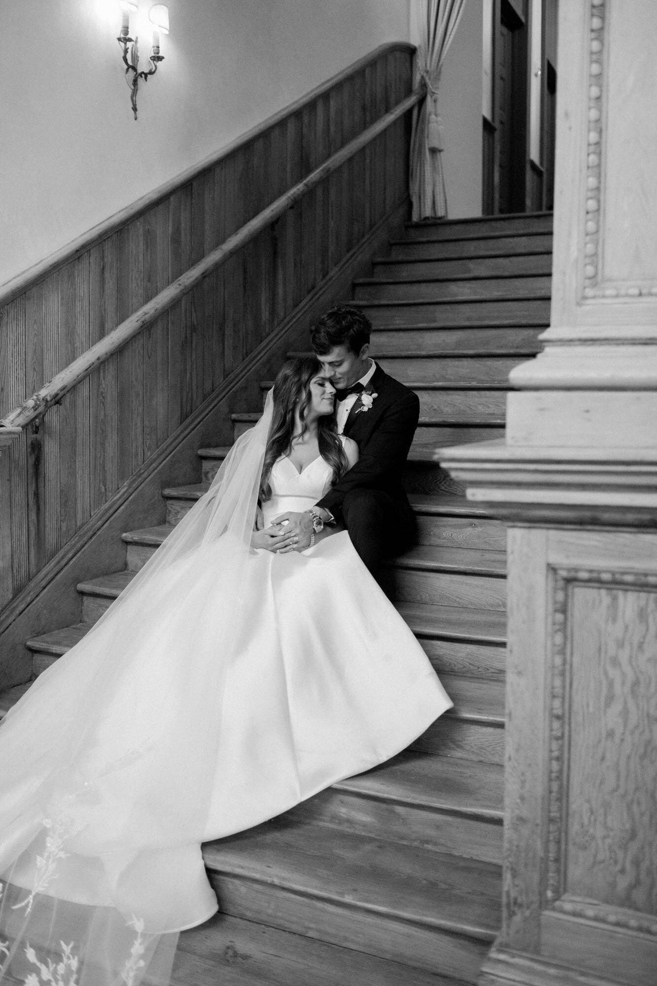 black and white portrait of bride and groom