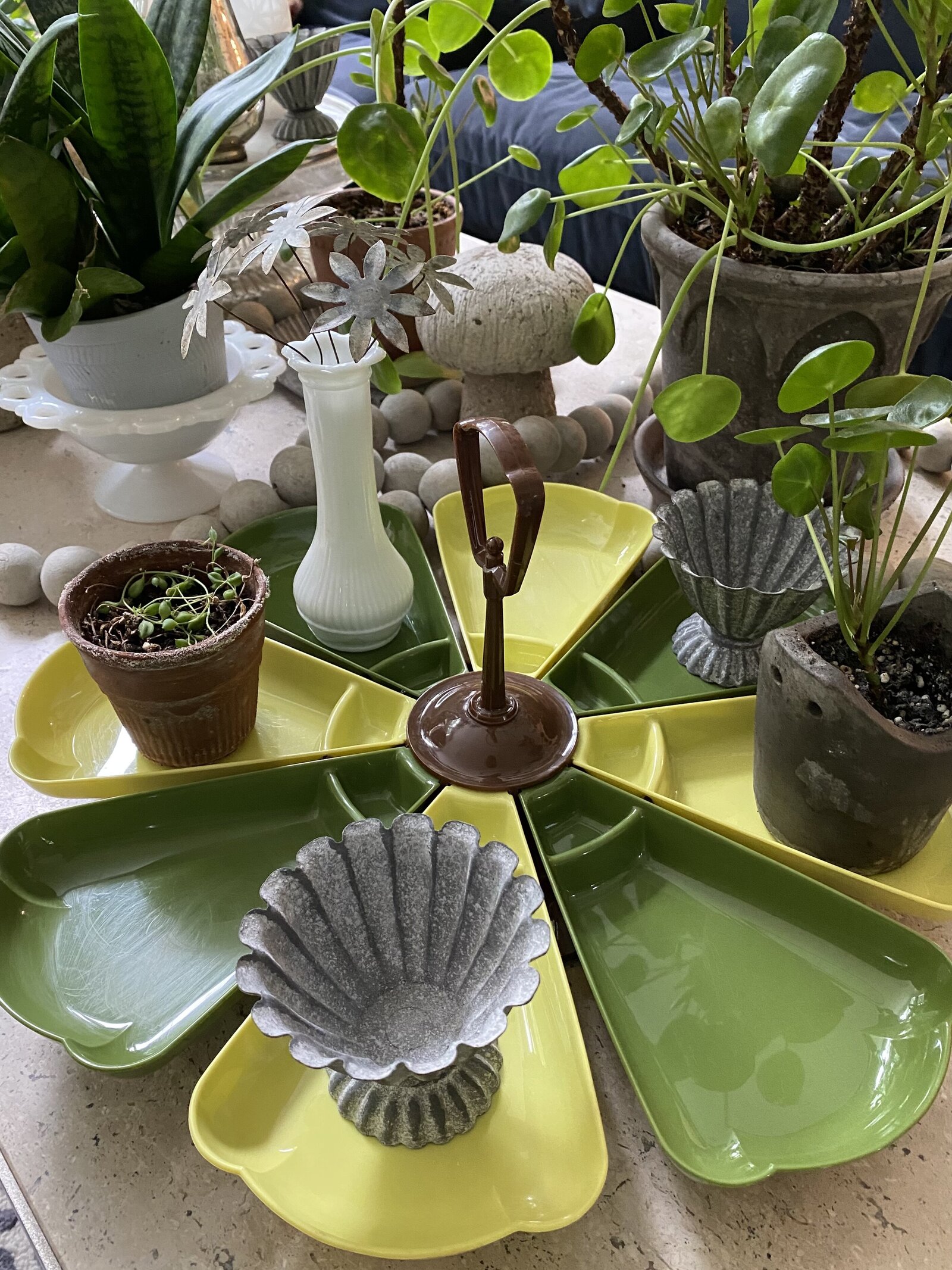Decorative objects with green plants on a green and yellow tray
