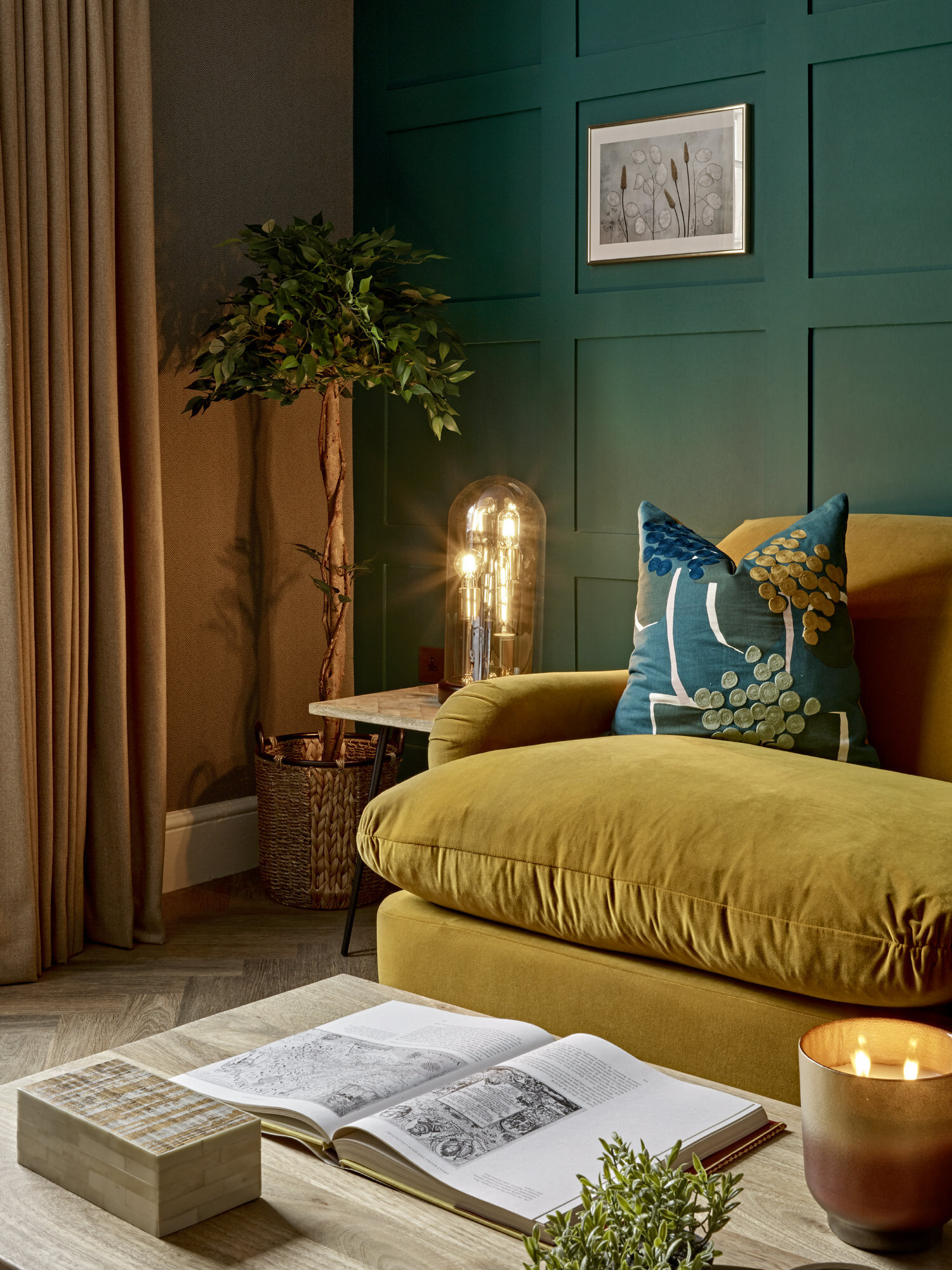 living space lighting with mustard yellow couch and teal green walls